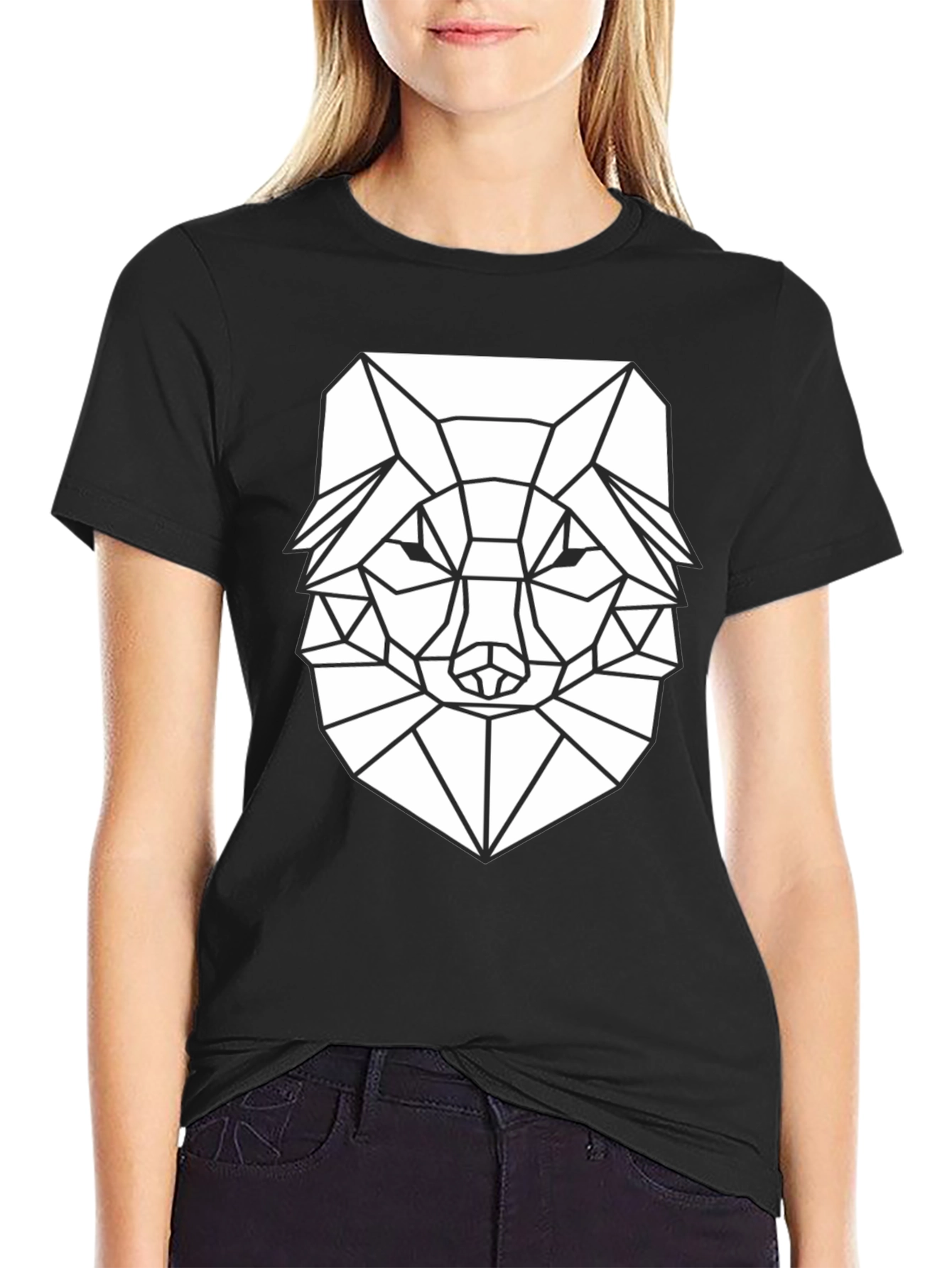 Geometric Wolf Graphic T-Shirt - Black