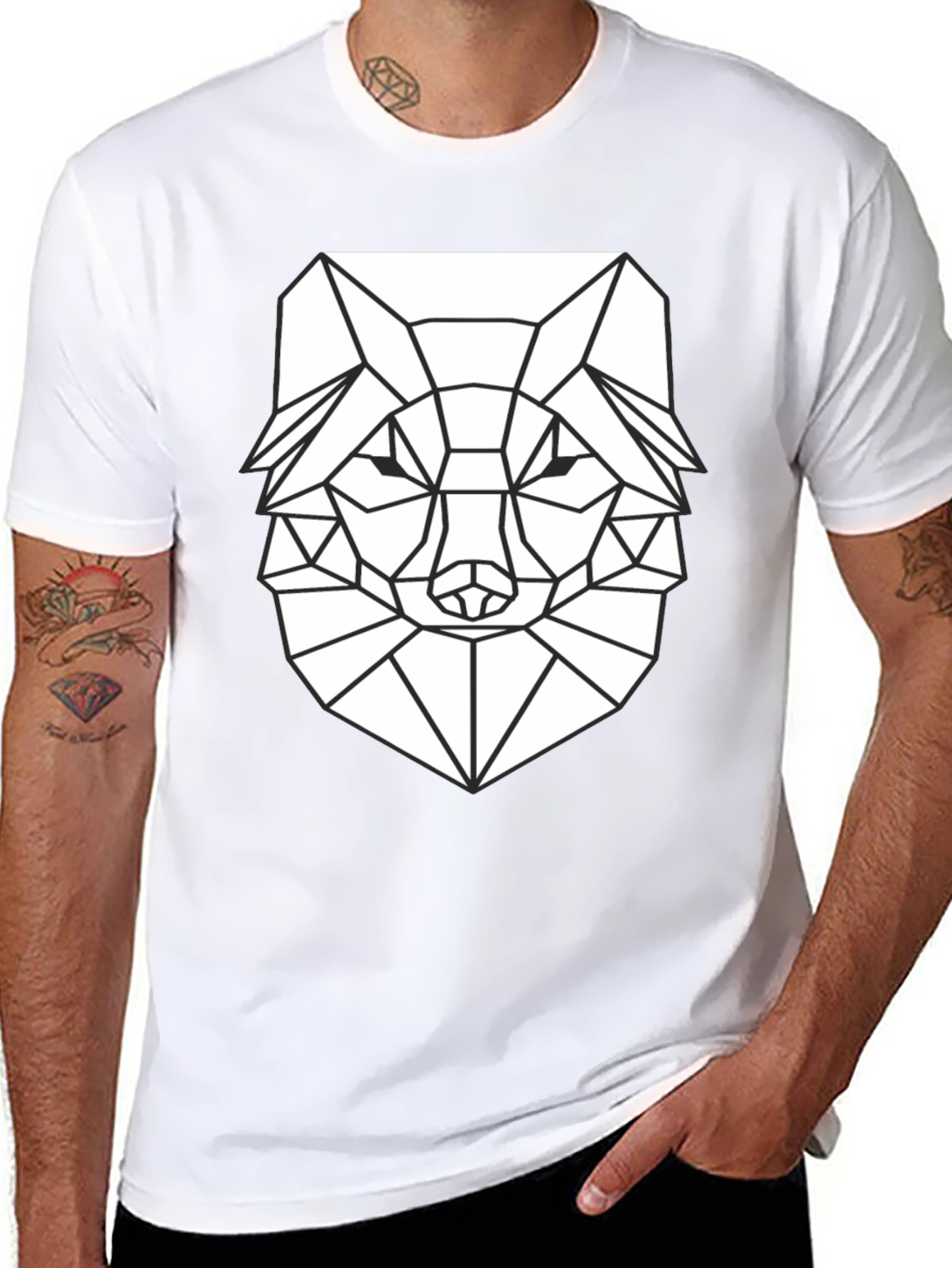 Geometric Wolf Graphic T-Shirt - Black