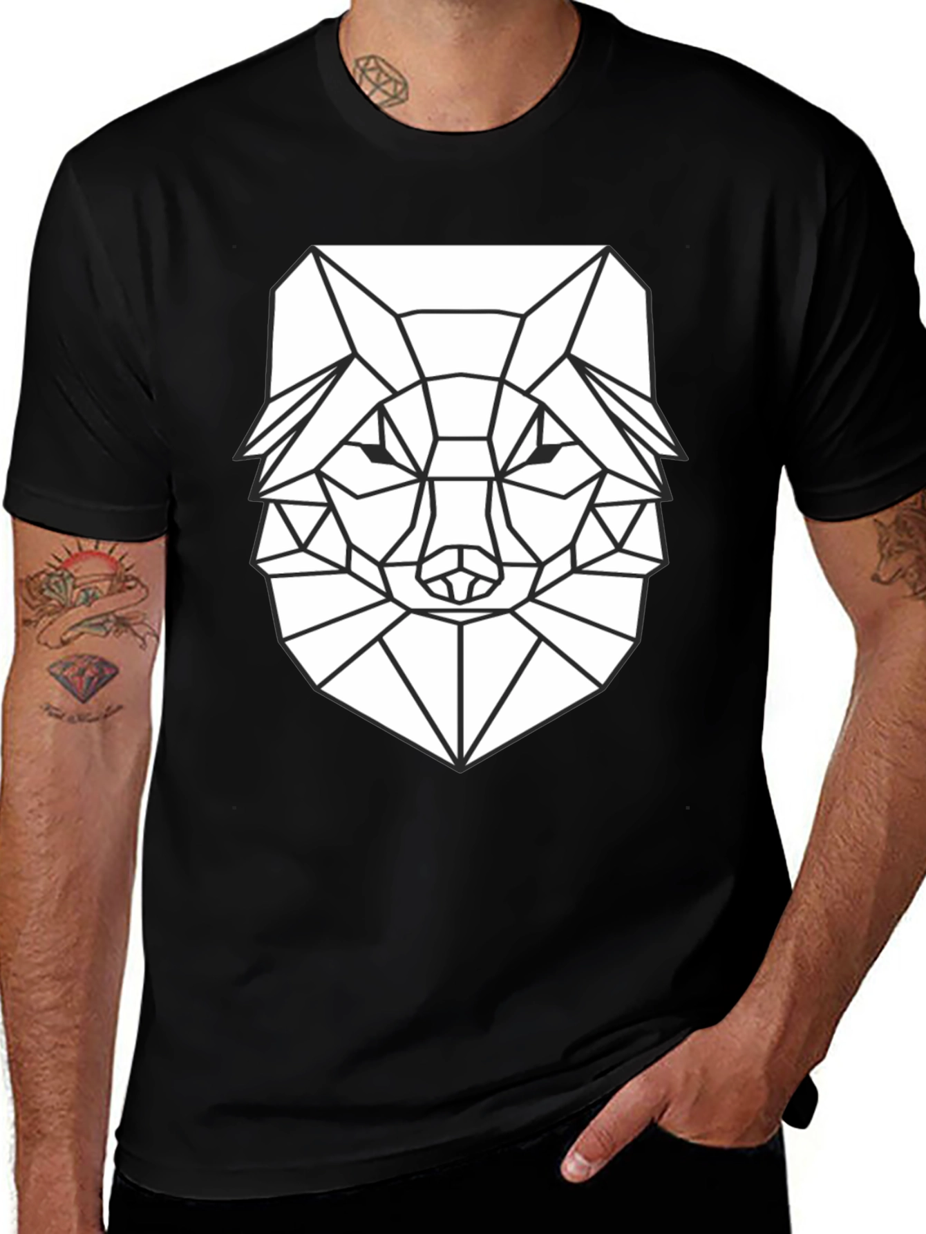 Geometric Wolf Graphic T-Shirt - Black
