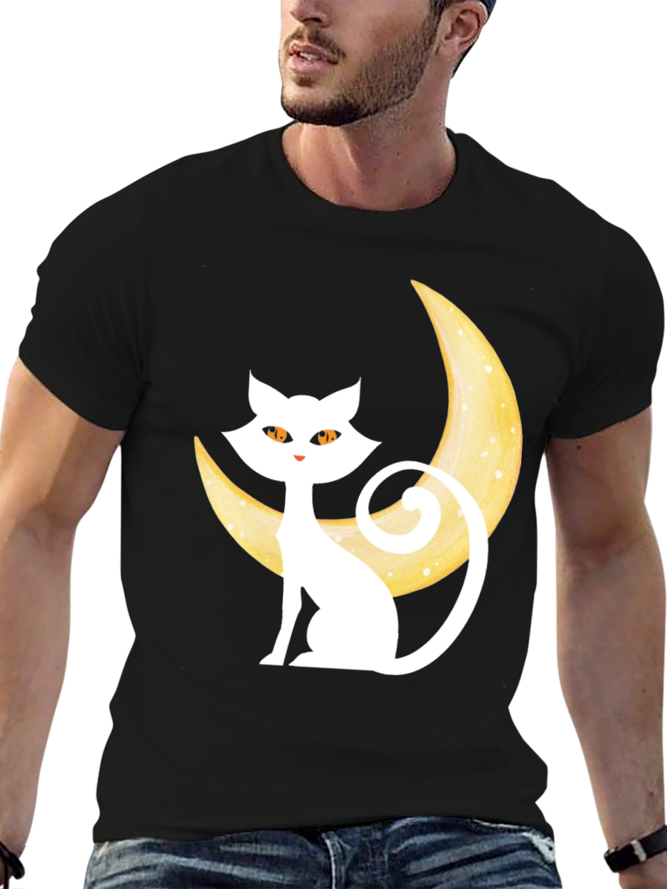Cat on Moon Graphic Tee - Black Cotton Blend