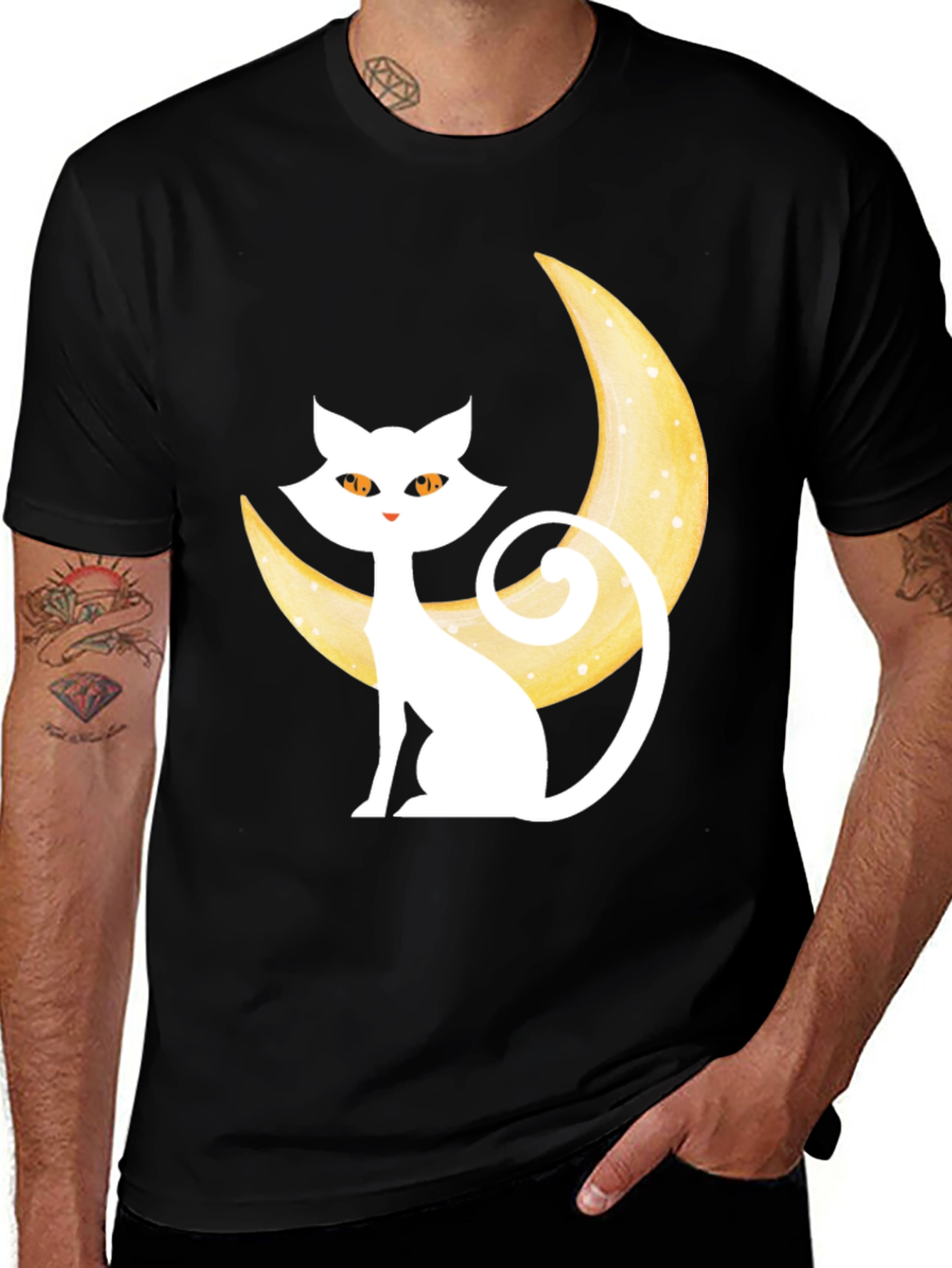 Cat on Moon Graphic Tee - Black Cotton Blend