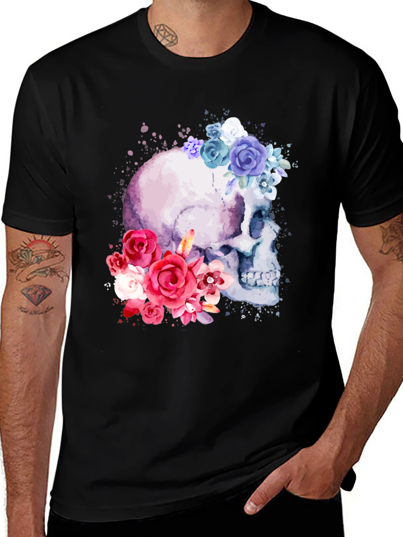 Floral Skull Graphic Tee - Mens Black T-Shirt