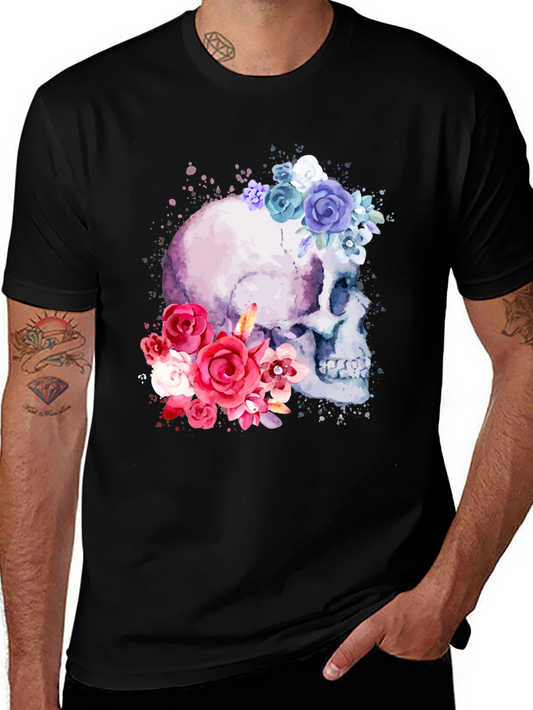 Floral Skull Graphic Tee - Mens Black T-Shirt