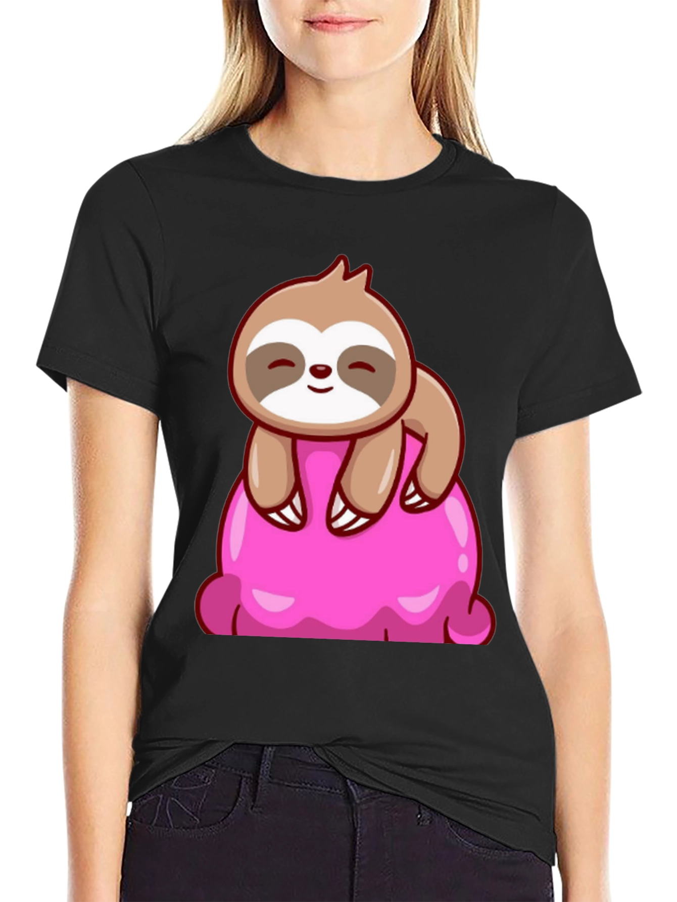 Sloth on Ice Cream Graphic Tee - Black