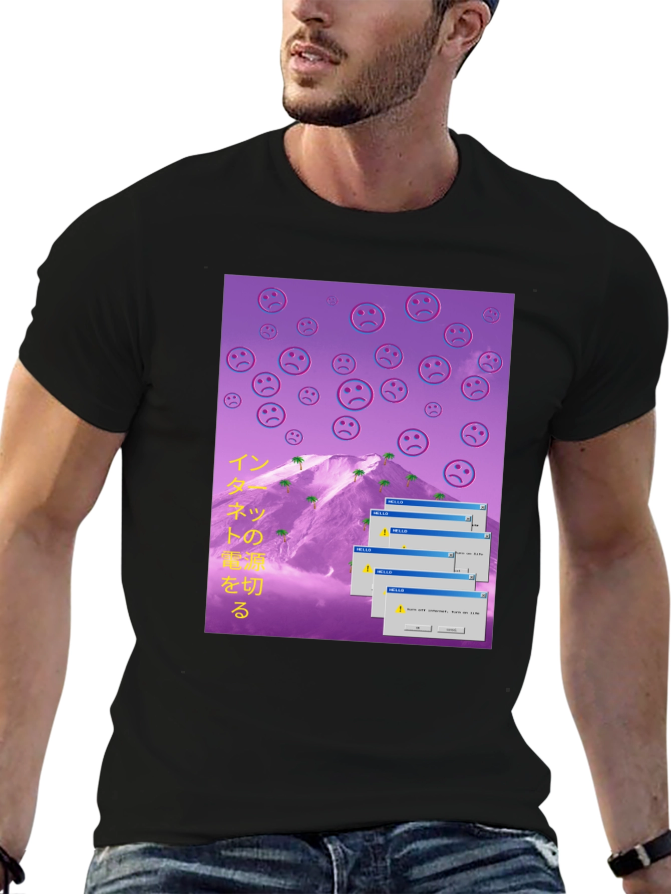 Aesthetic Vaporwave T-Shirt - Sad Emoji Mountain