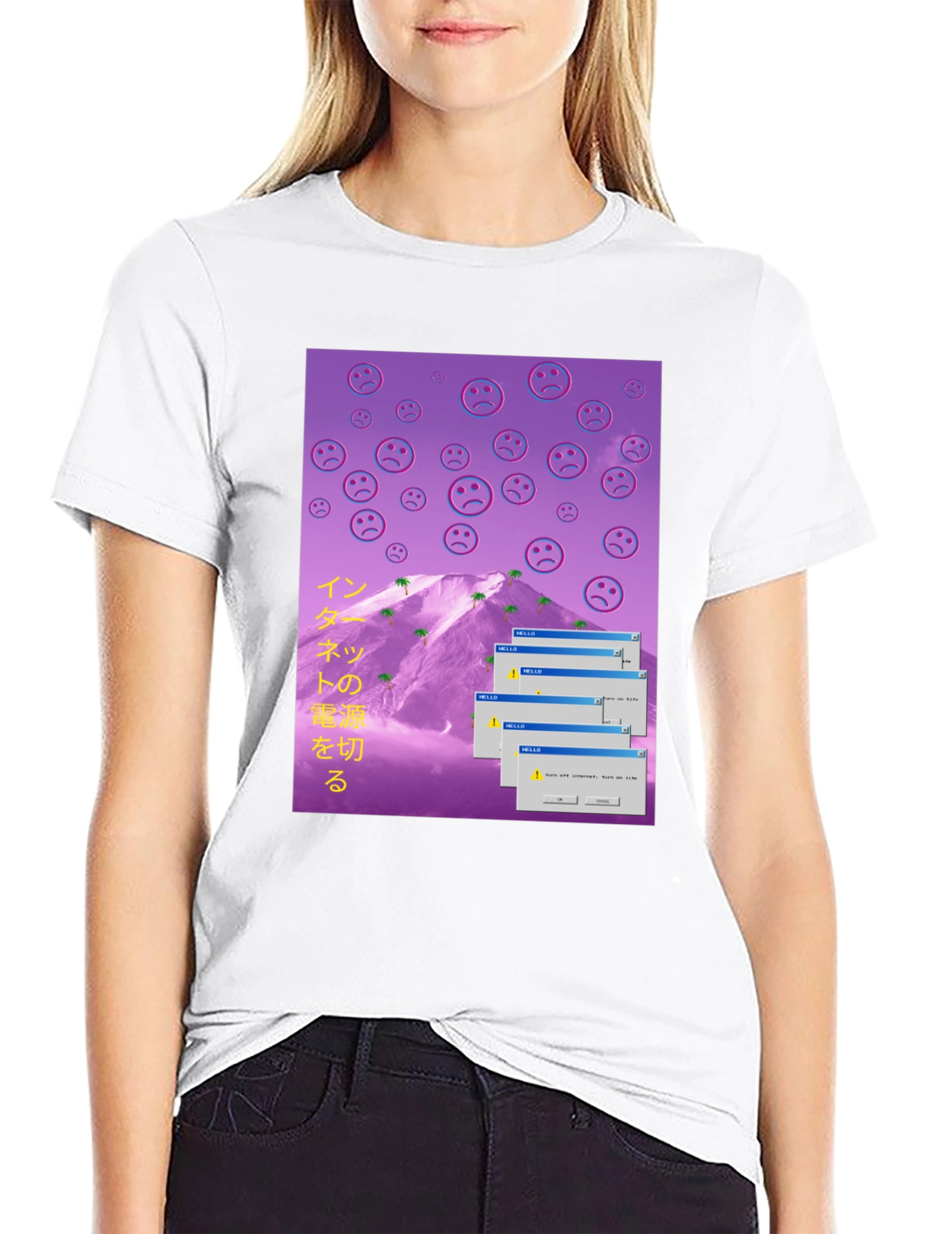 Aesthetic Vaporwave T-Shirt - Sad Emoji Mountain
