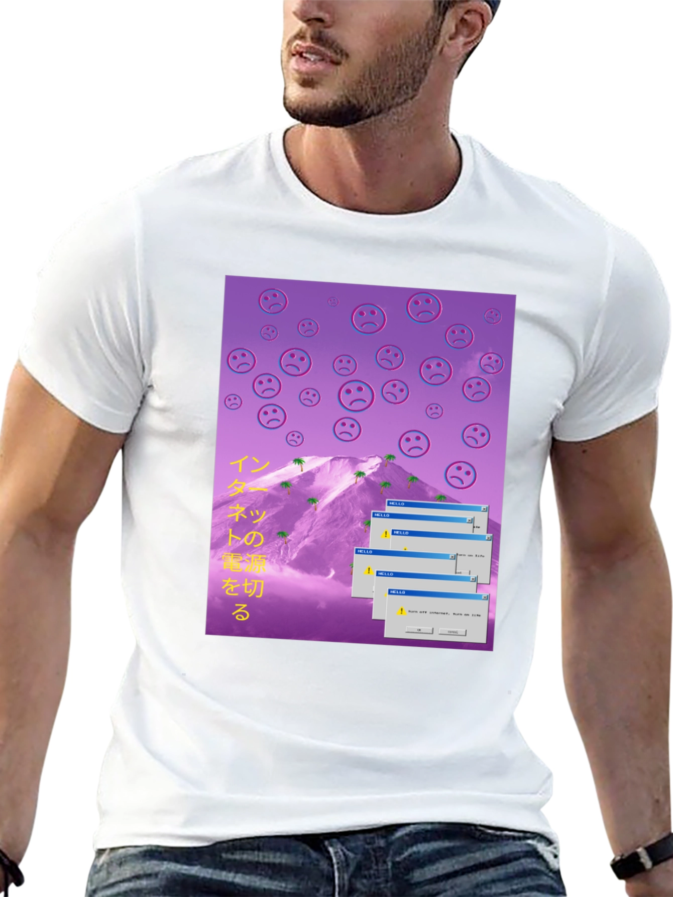 Aesthetic Vaporwave T-Shirt - Sad Emoji Mountain