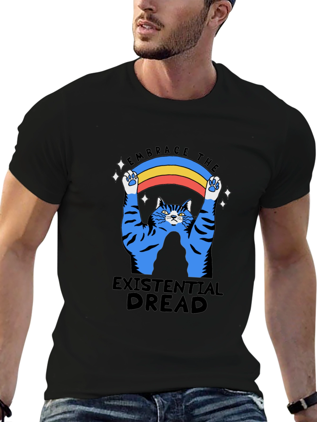 Existential Dread Cat Graphic T-Shirt - Embrace the Rainbow