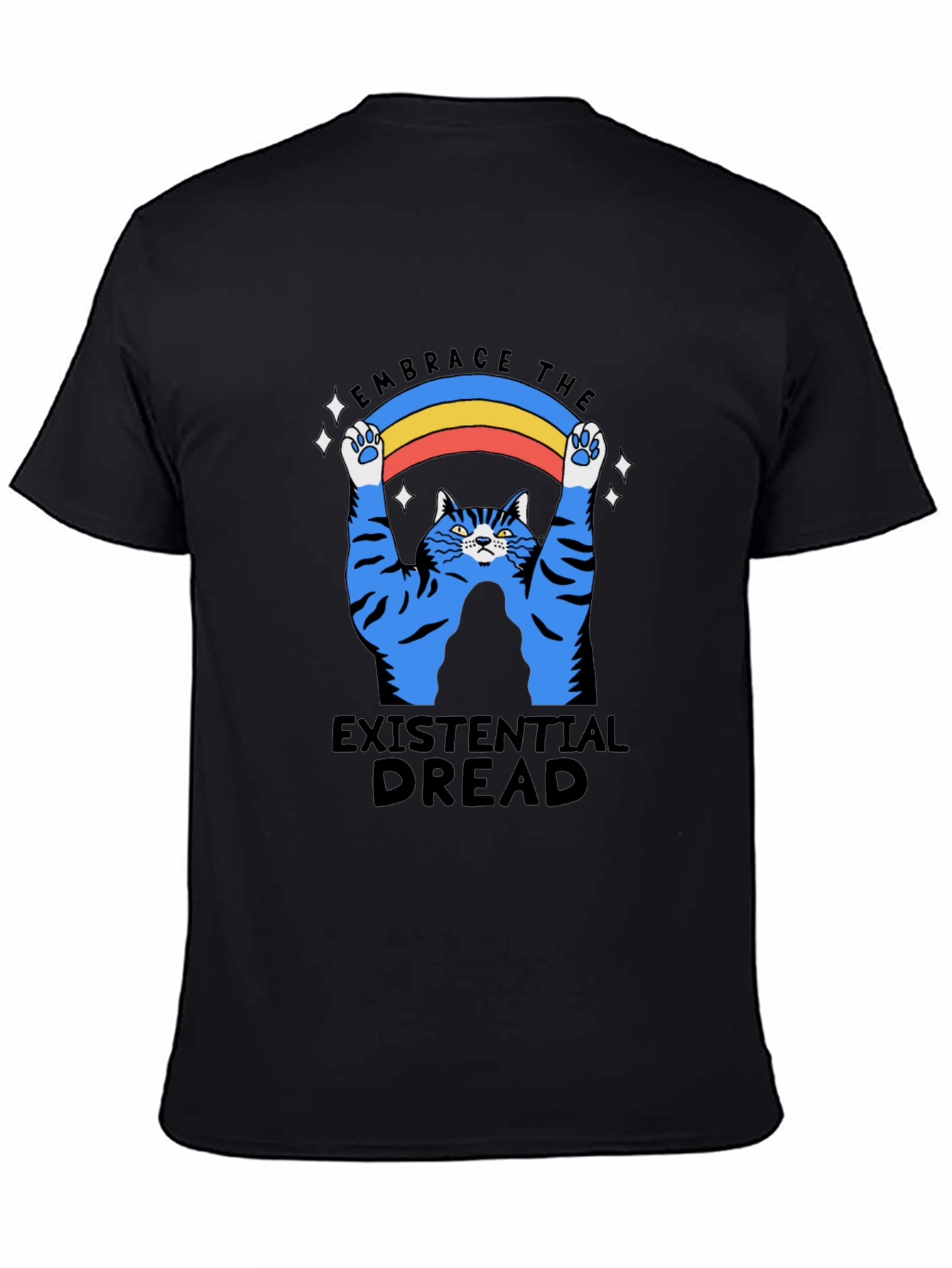 Existential Dread Cat Graphic T-Shirt - Embrace the Rainbow