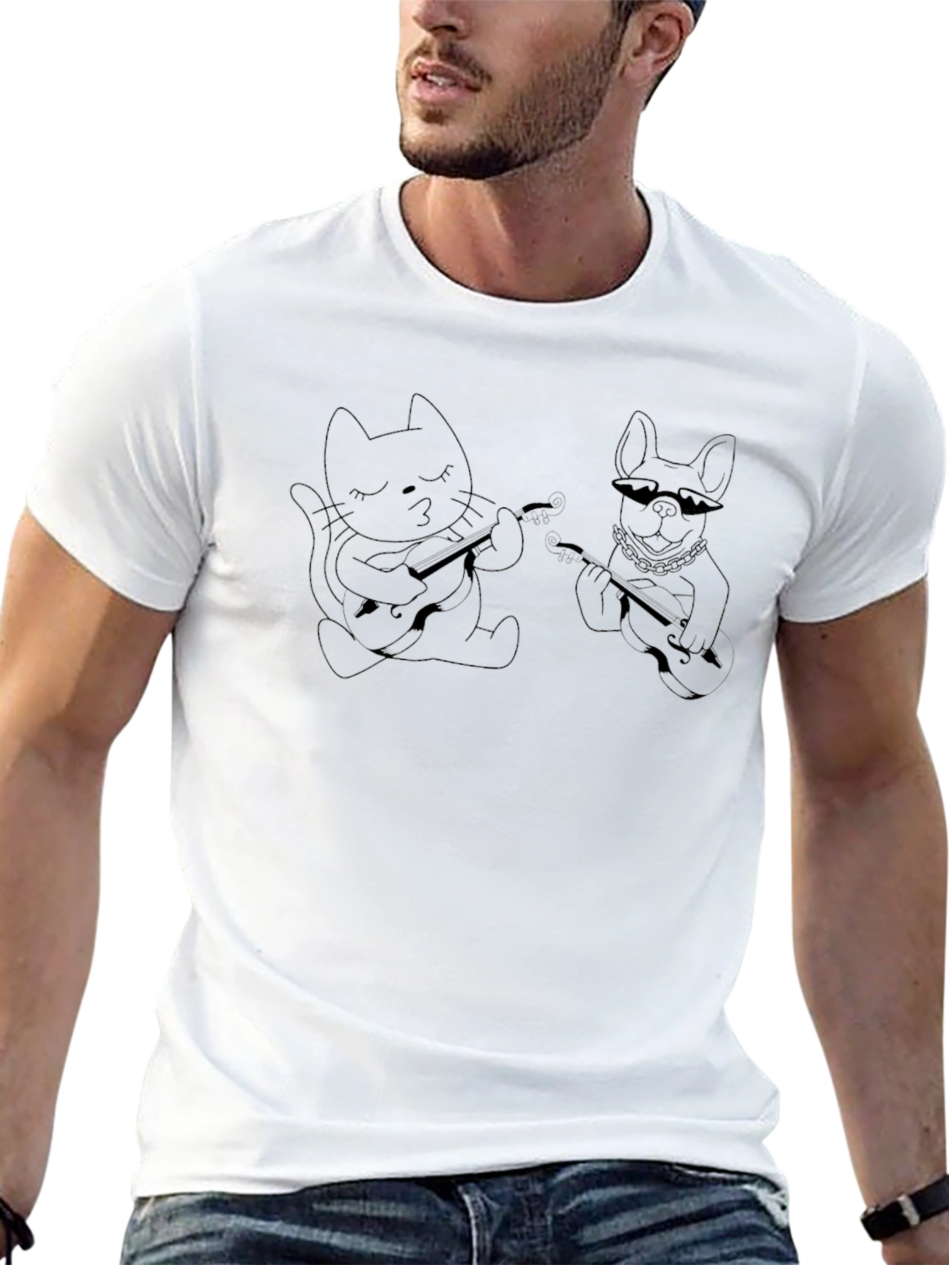 Cool Cat & Dog Guitarist Black T-Shirt