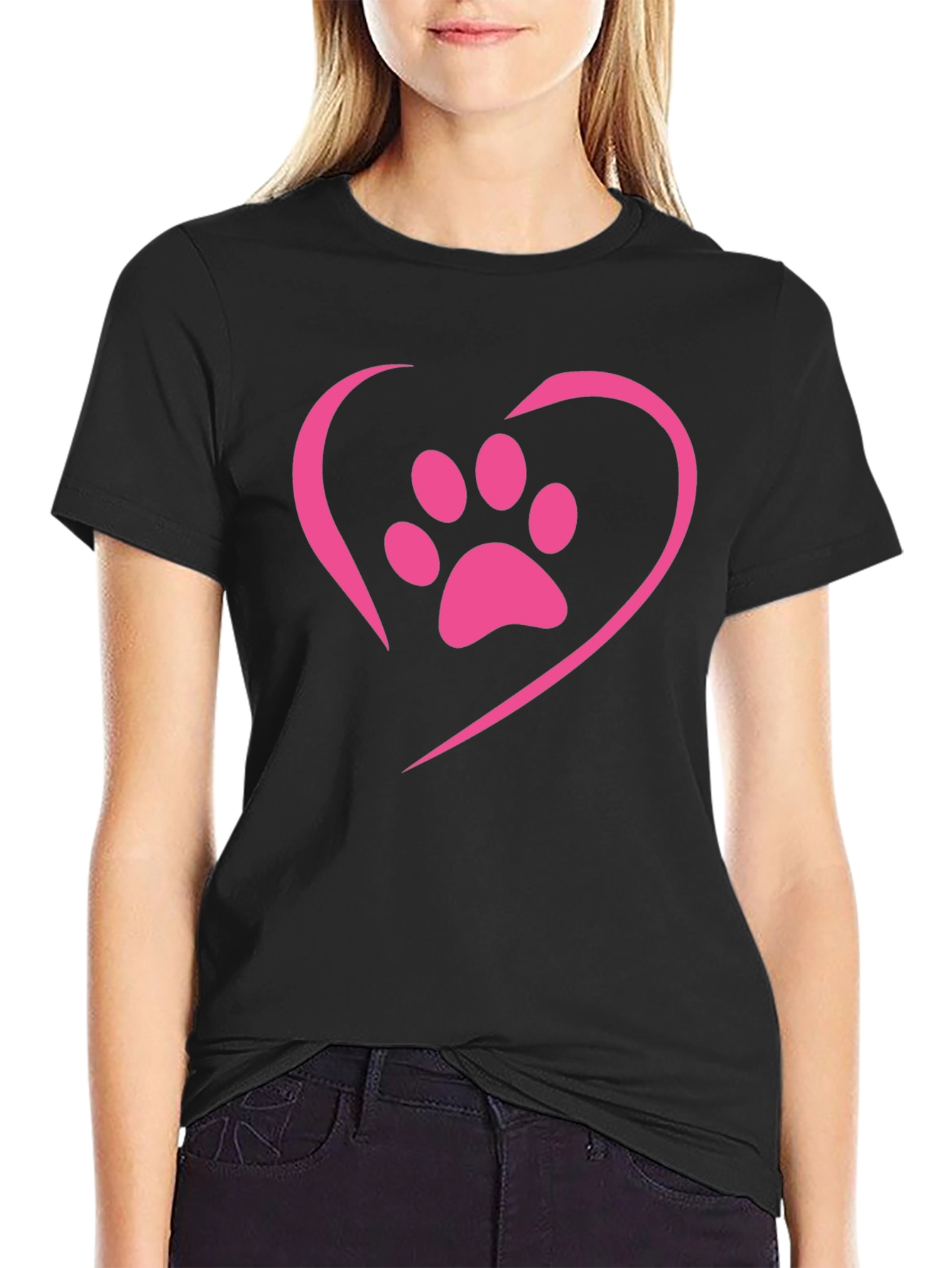 Paw Print Heart T-Shirt - Black Casual Tee