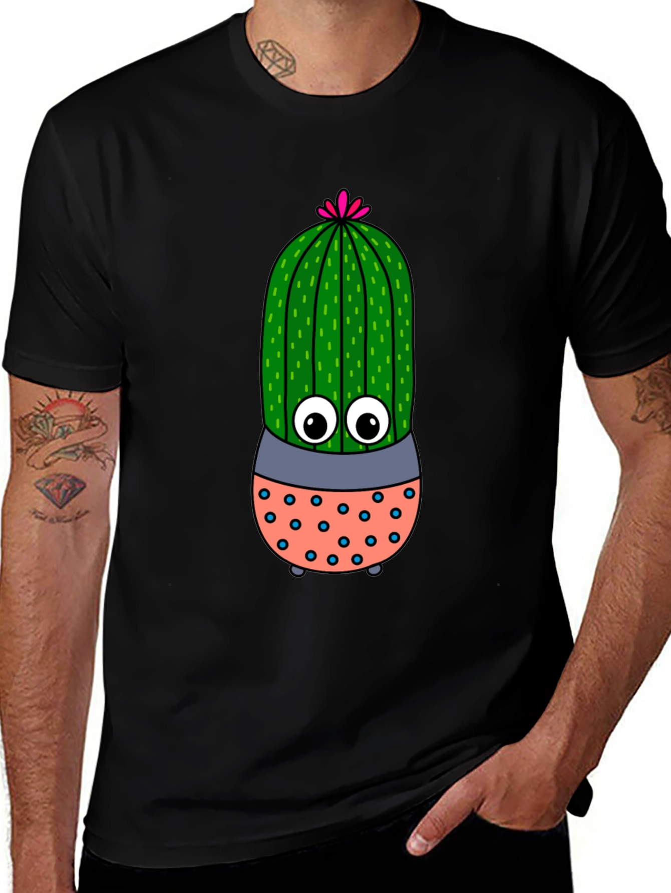 Cute Cartoon Cactus Black T-Shirt