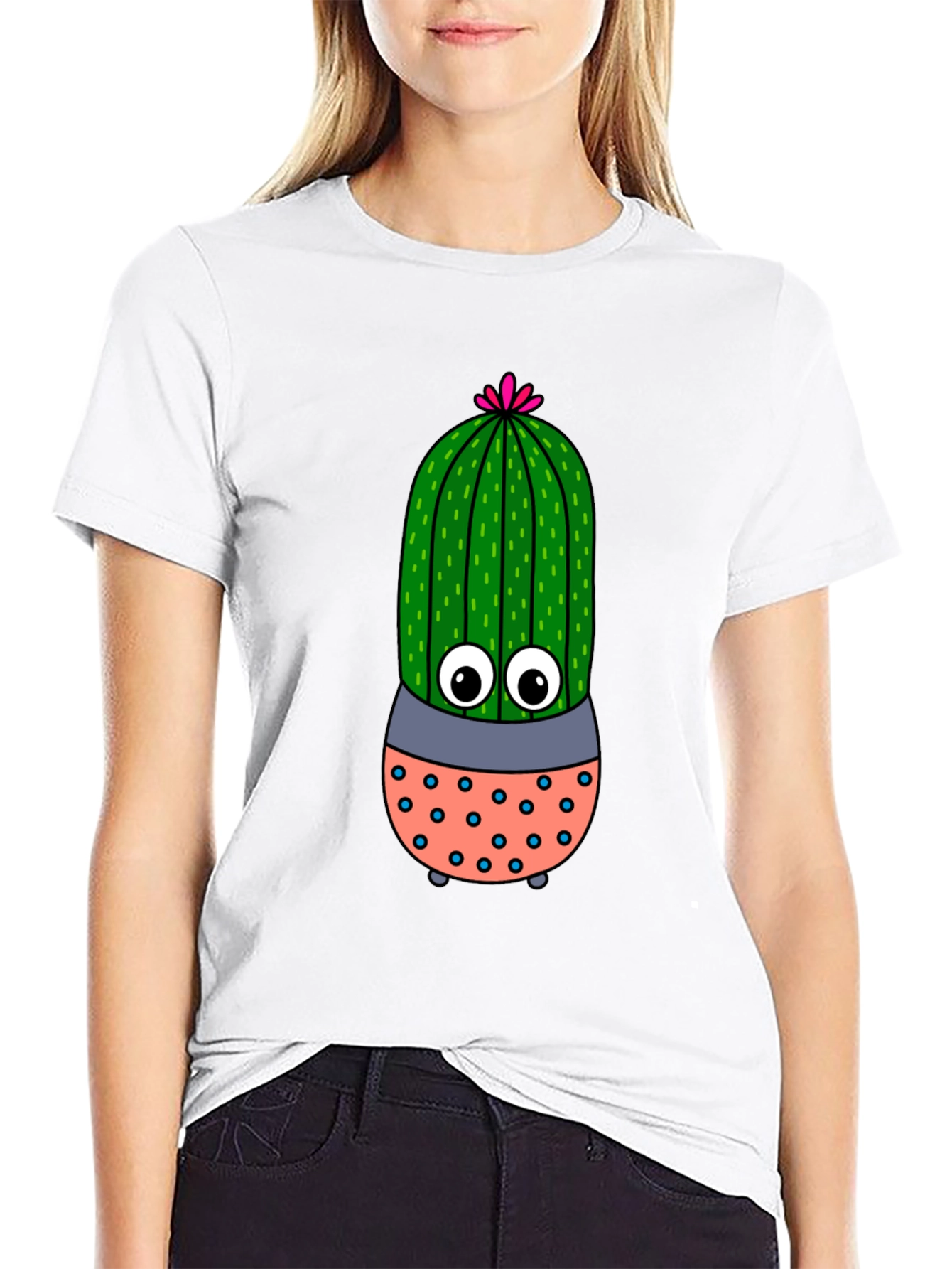 Cute Cartoon Cactus Black T-Shirt