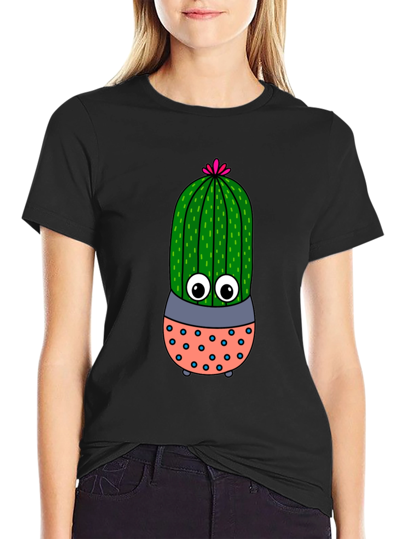 Cute Cartoon Cactus Black T-Shirt