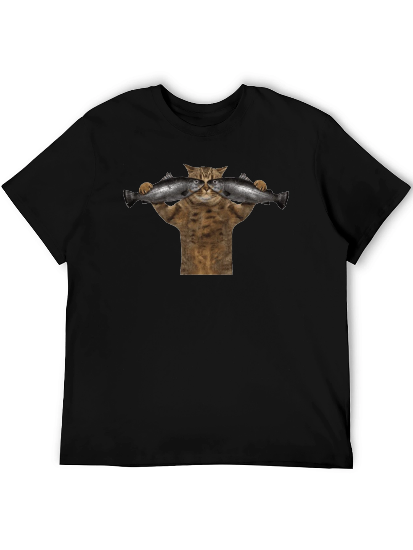 Cat Lifting Fish Black T-Shirt