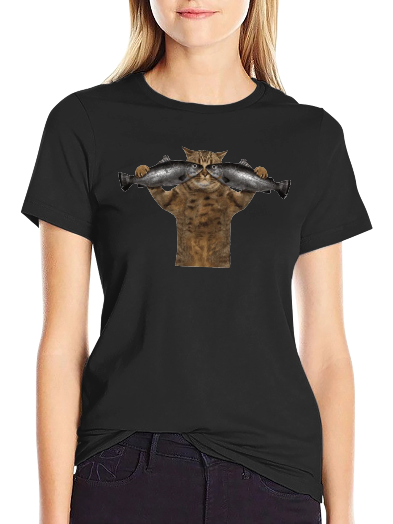 Cat Lifting Fish Black T-Shirt