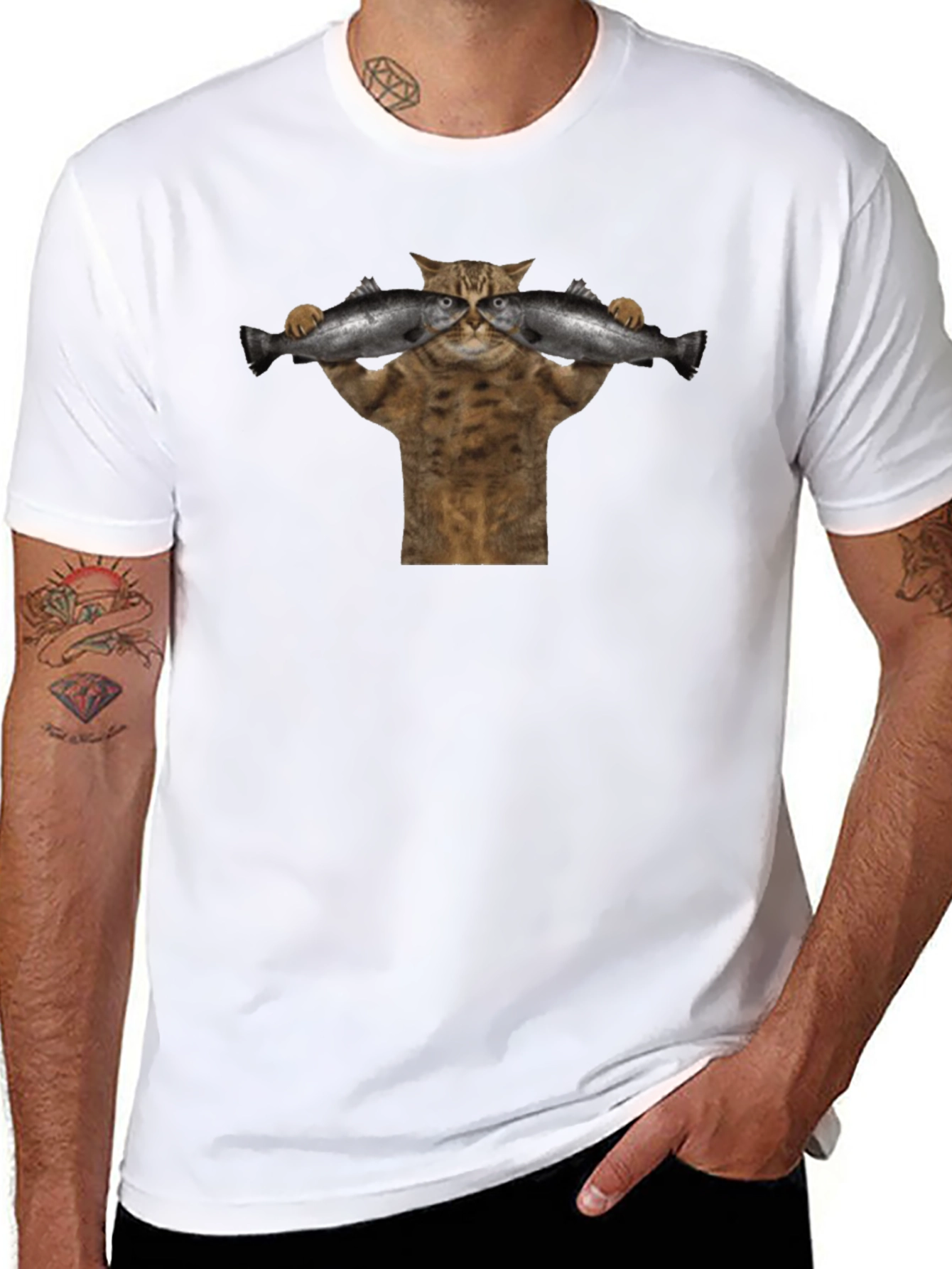Cat Lifting Fish Black T-Shirt