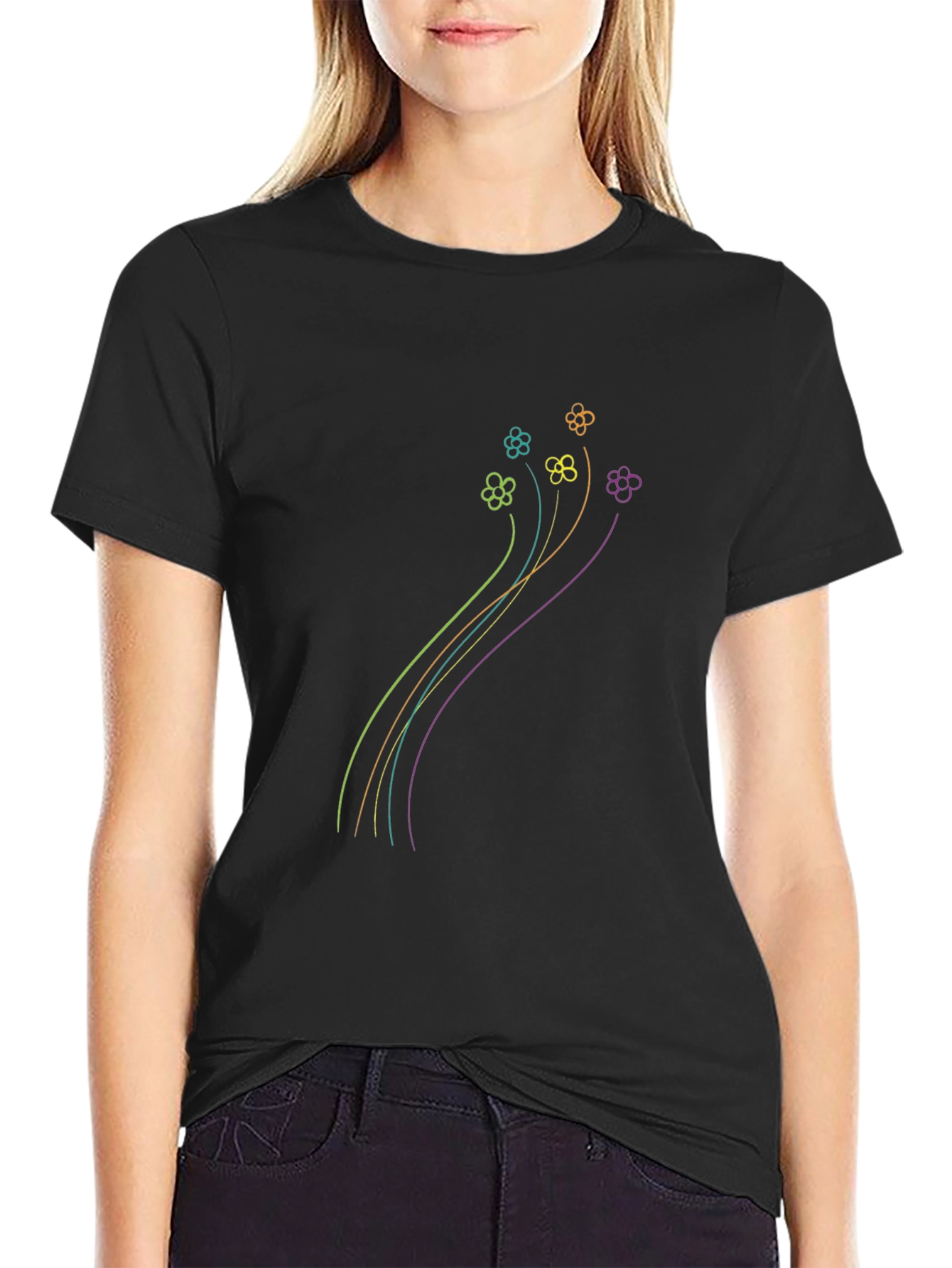 Floral Line Art Graphic Black T-Shirt