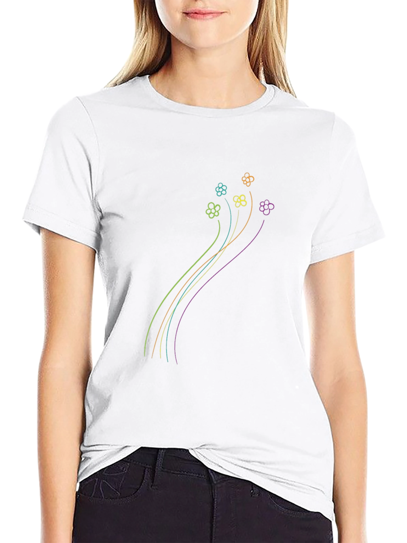 Floral Line Art Graphic Black T-Shirt