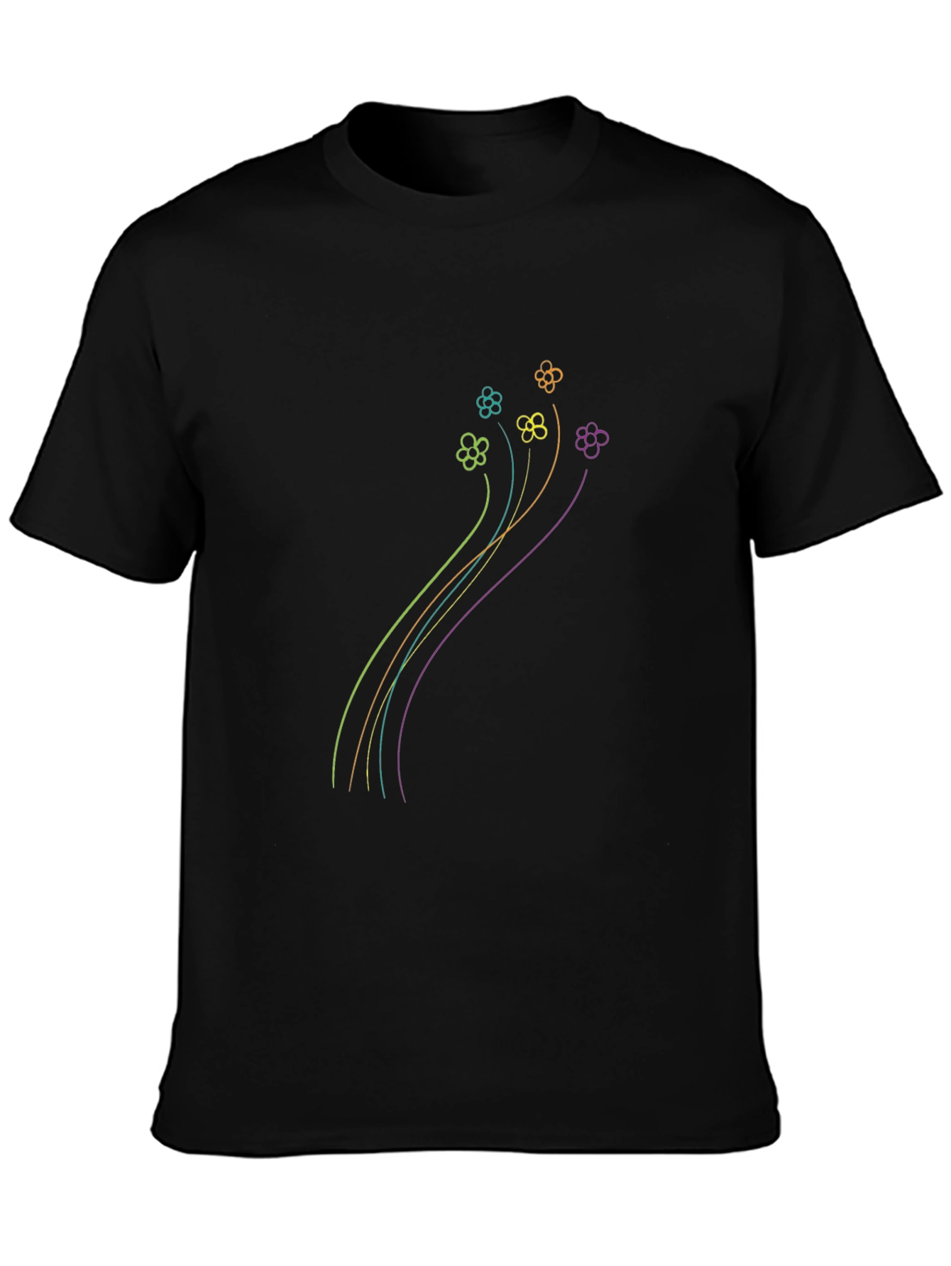 Floral Line Art Graphic Black T-Shirt