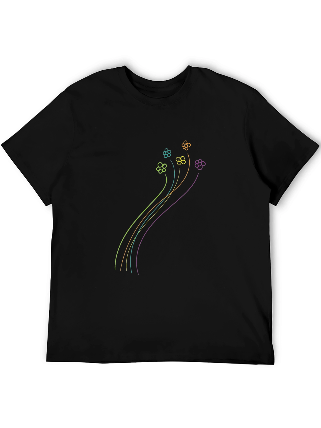 Floral Line Art Graphic Black T-Shirt