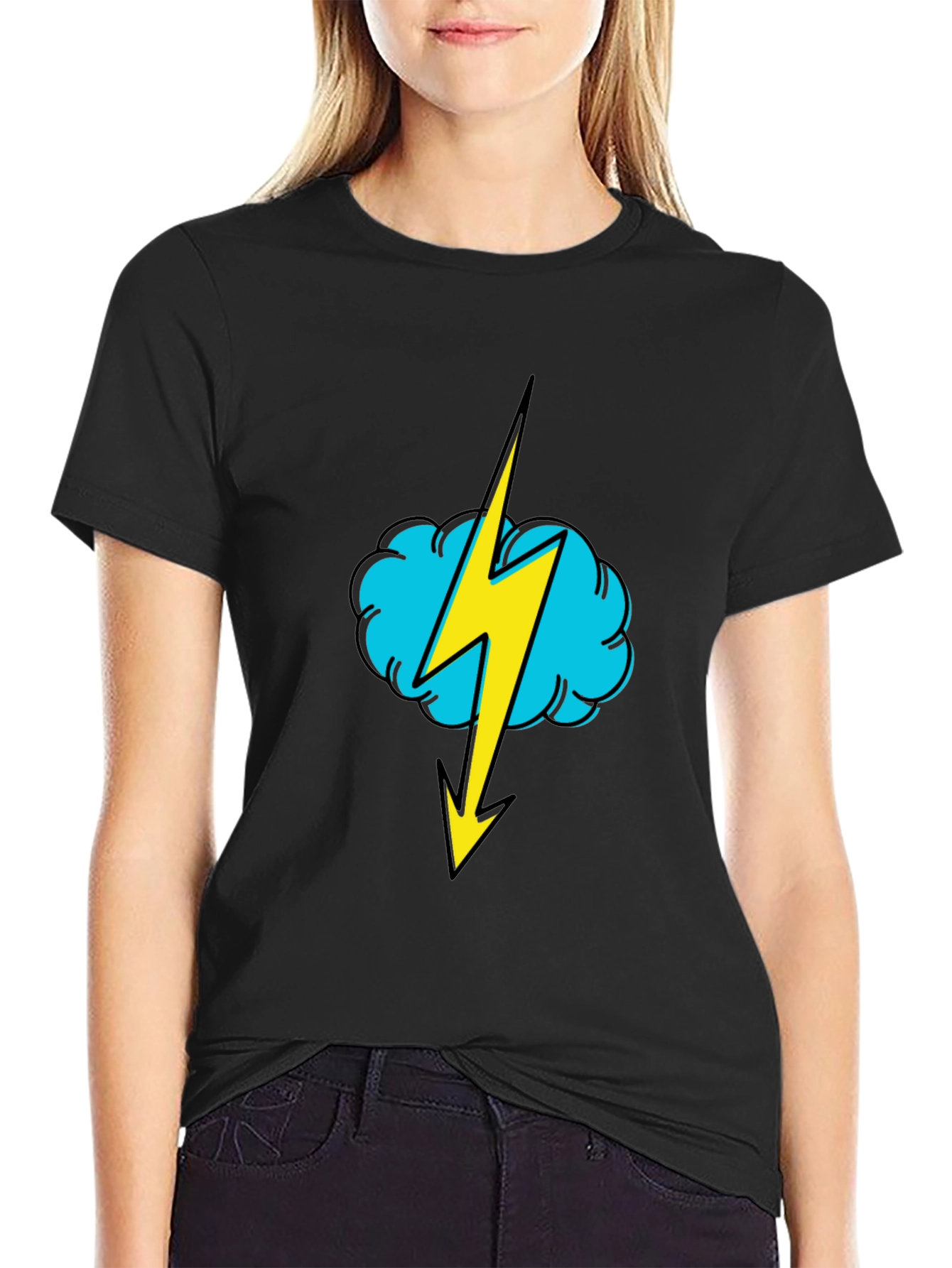 Black T-Shirt with Lightning Cloud Graphic