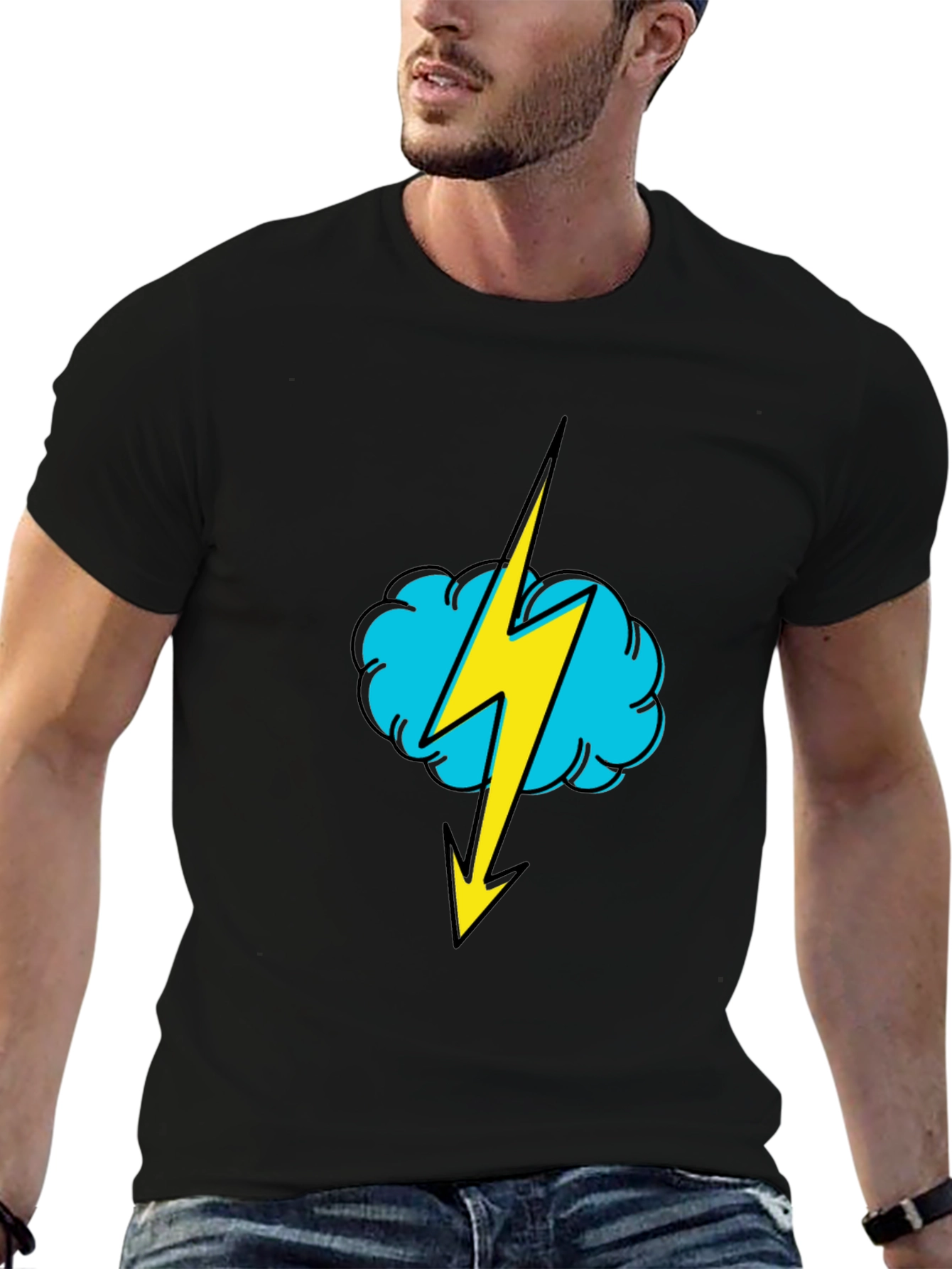 Black T-Shirt with Lightning Cloud Graphic