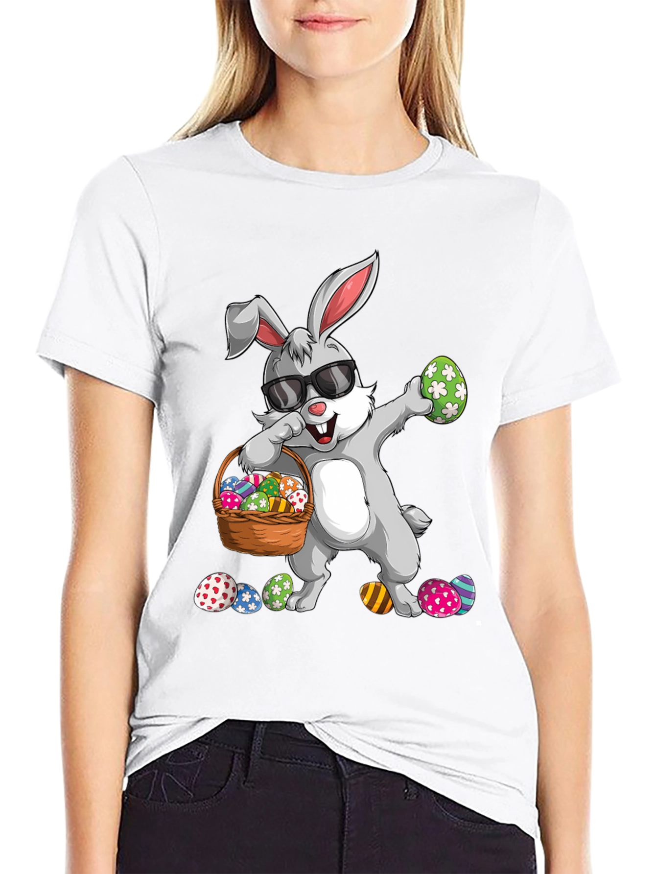 Easter Bunny Dabbing T-Shirt with Egg Basket