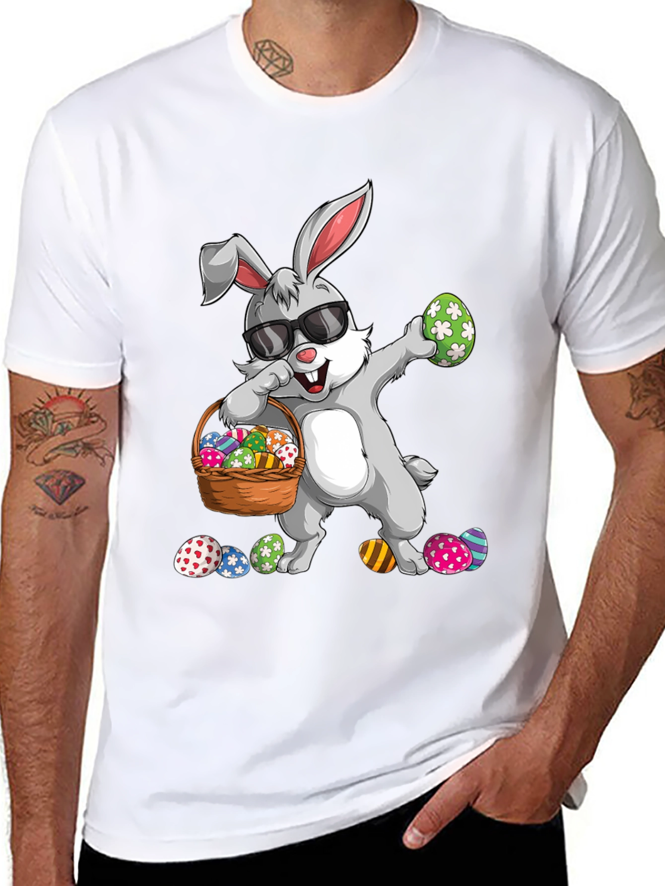 Easter Bunny Dabbing T-Shirt with Egg Basket