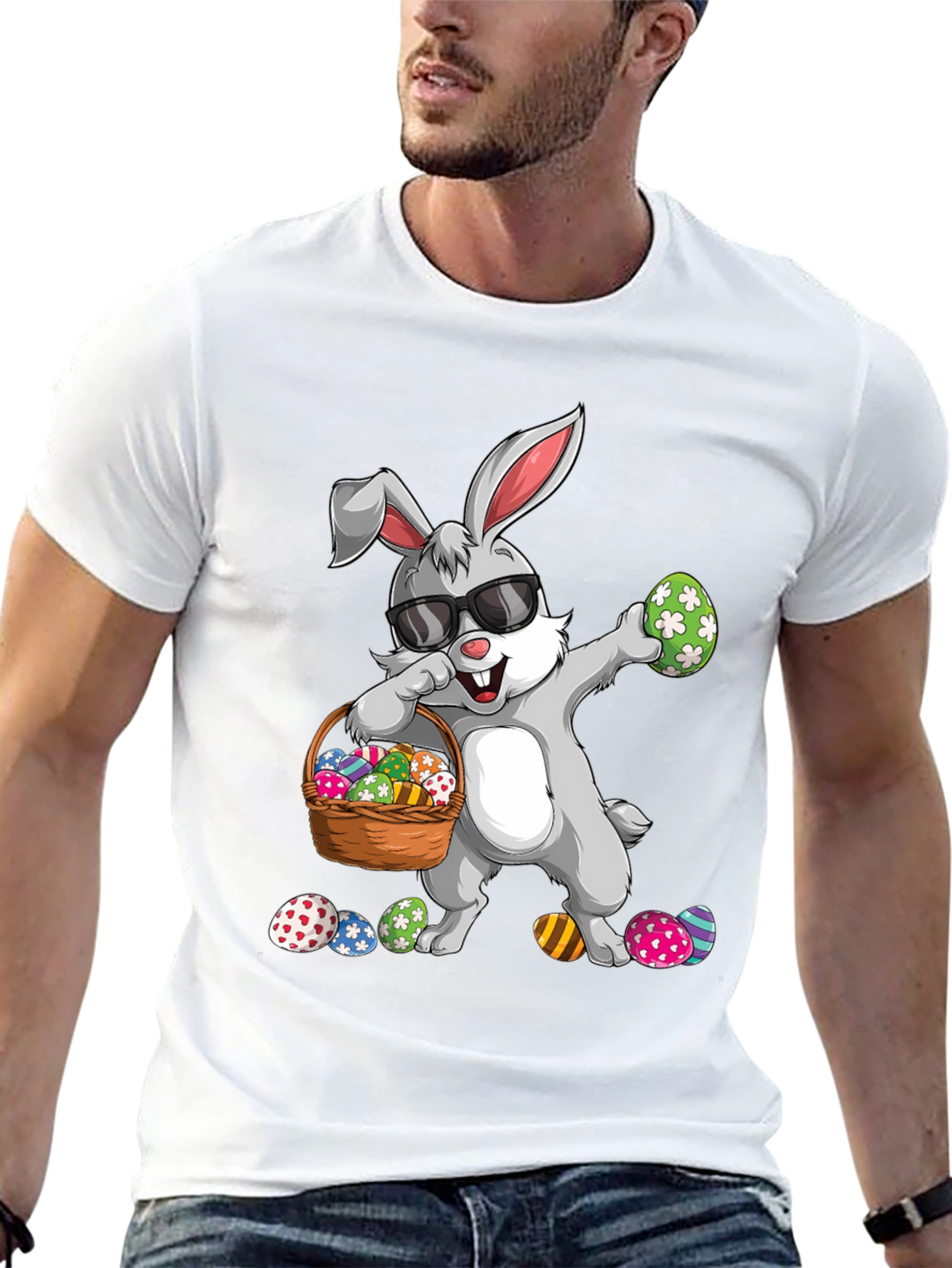 Easter Bunny Dabbing T-Shirt with Egg Basket