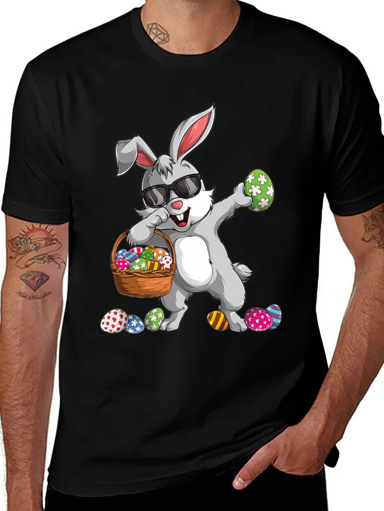 Easter Bunny Dabbing T-Shirt with Egg Basket
