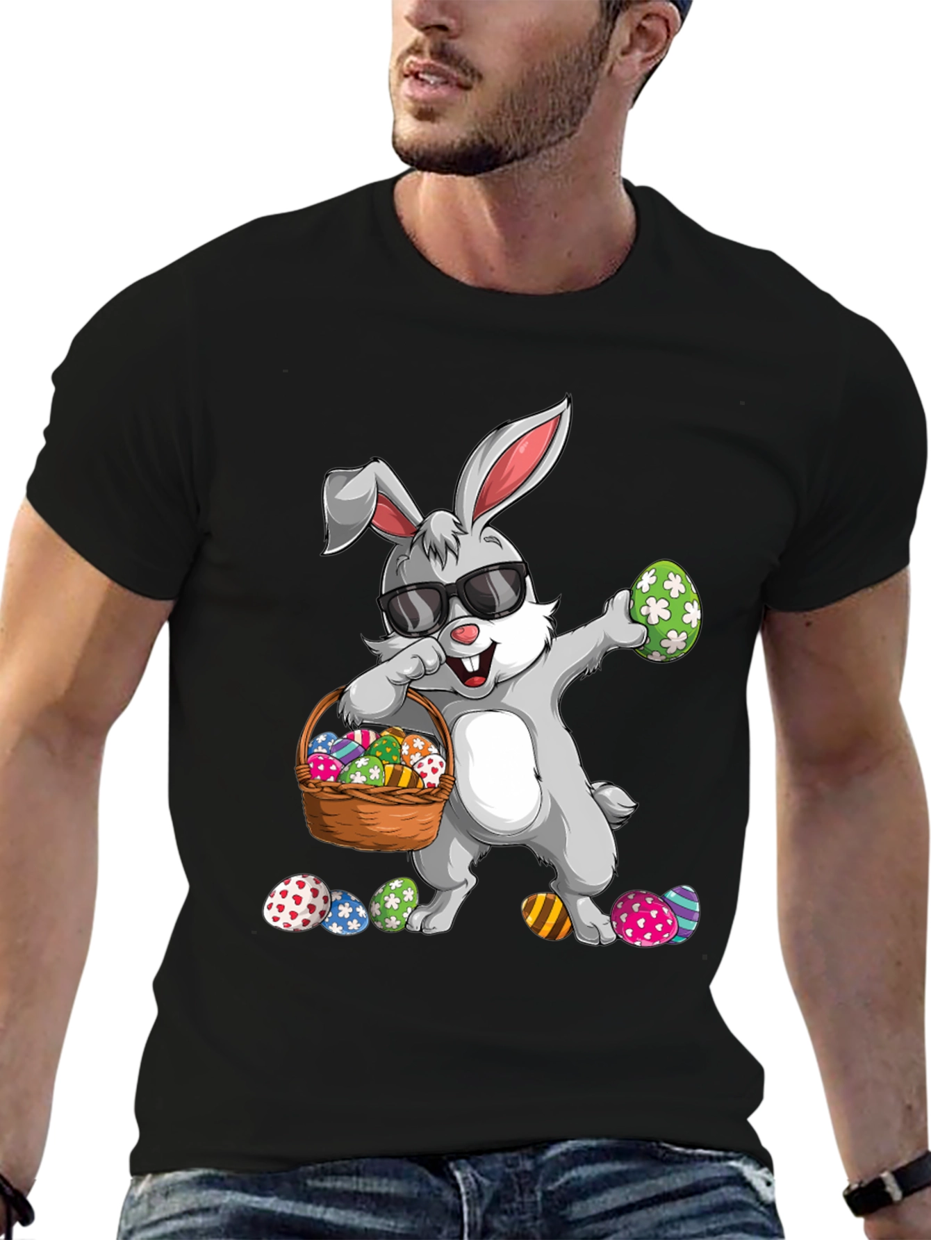 Easter Bunny Dabbing T-Shirt with Egg Basket