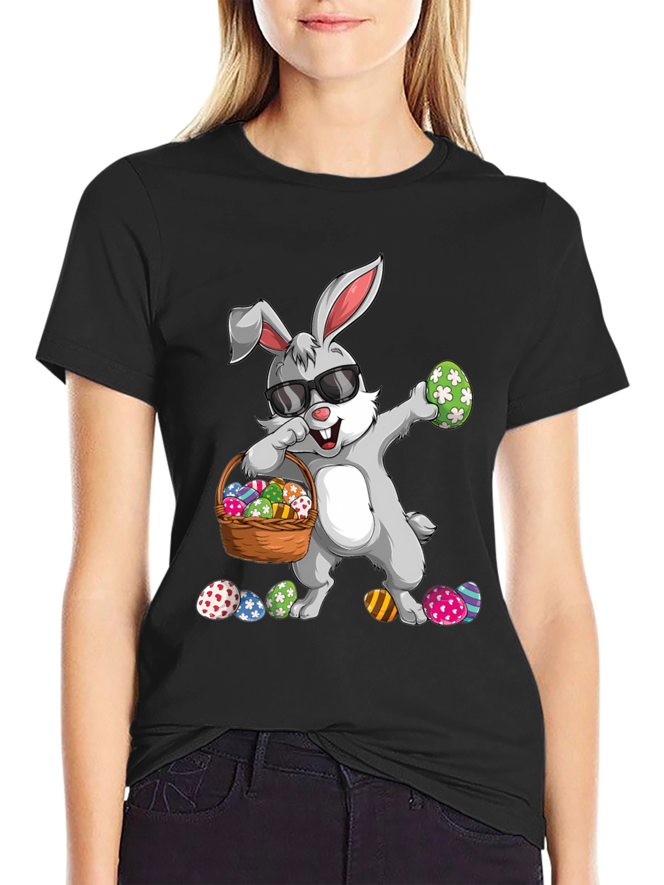 Easter Bunny Dabbing T-Shirt with Egg Basket