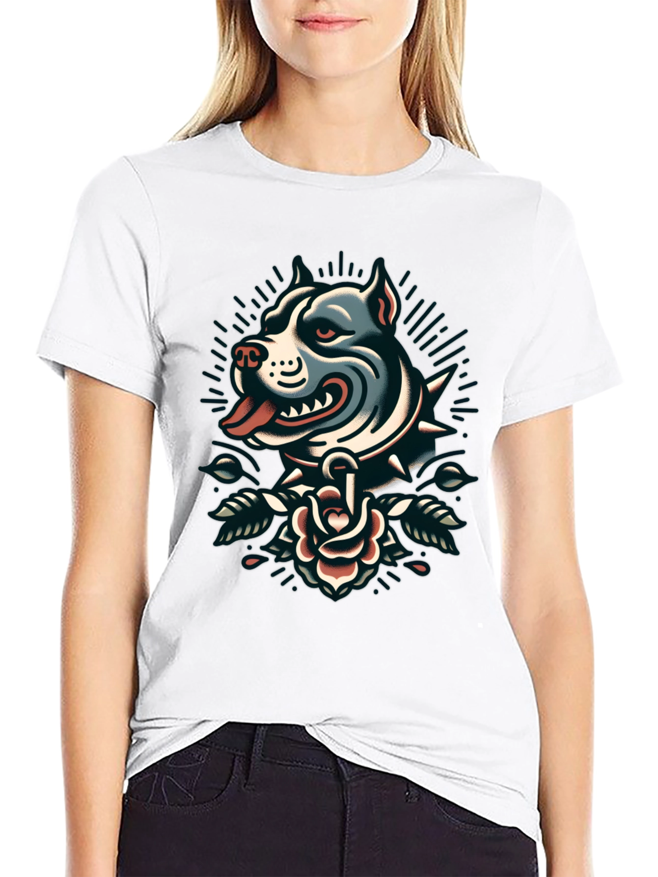 Pitbull Rose Tattoo Graphic Black T-Shirt