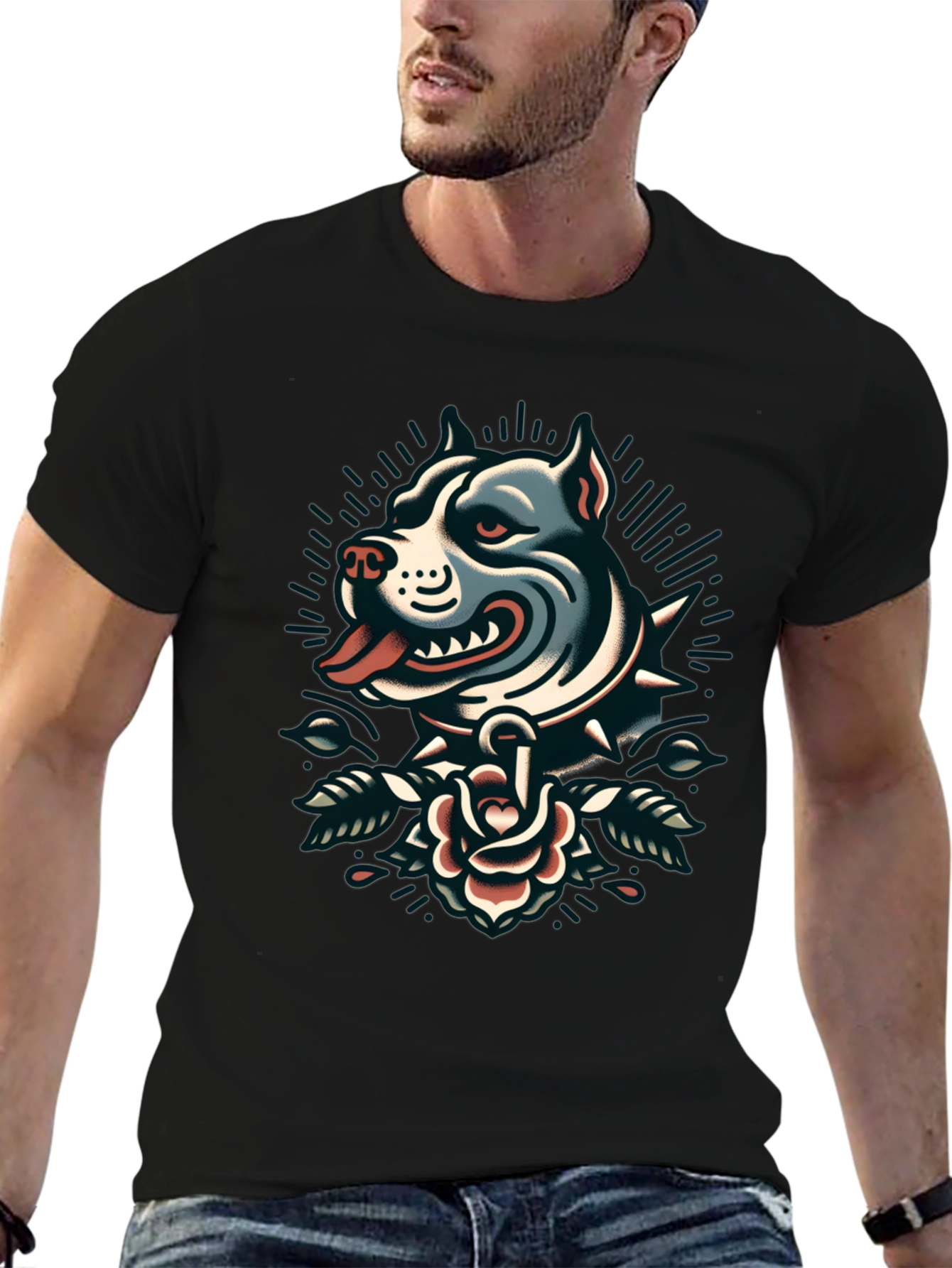 Pitbull Rose Tattoo Graphic Black T-Shirt