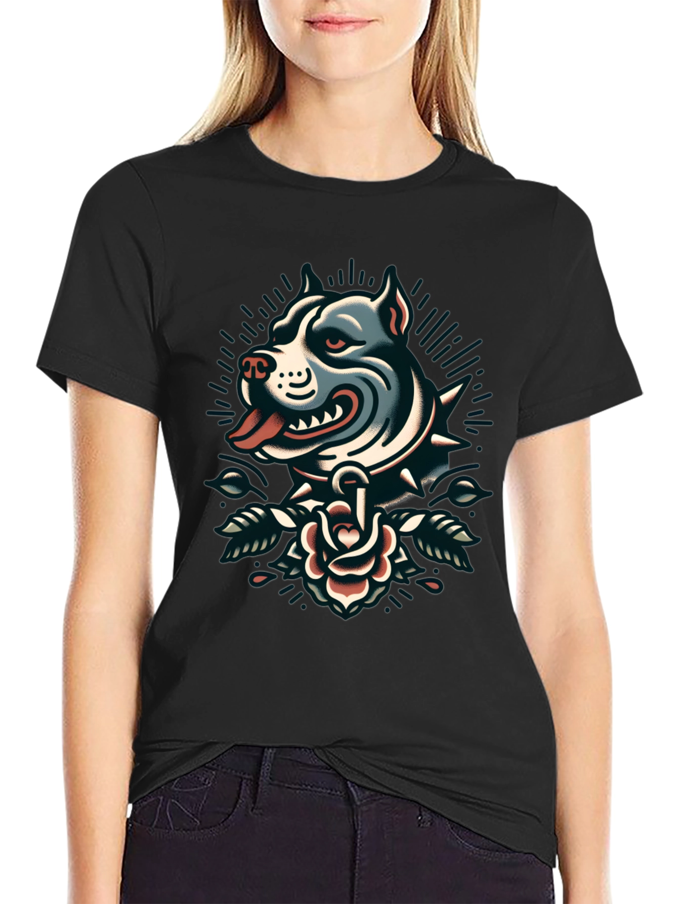 Pitbull Rose Tattoo Graphic Black T-Shirt