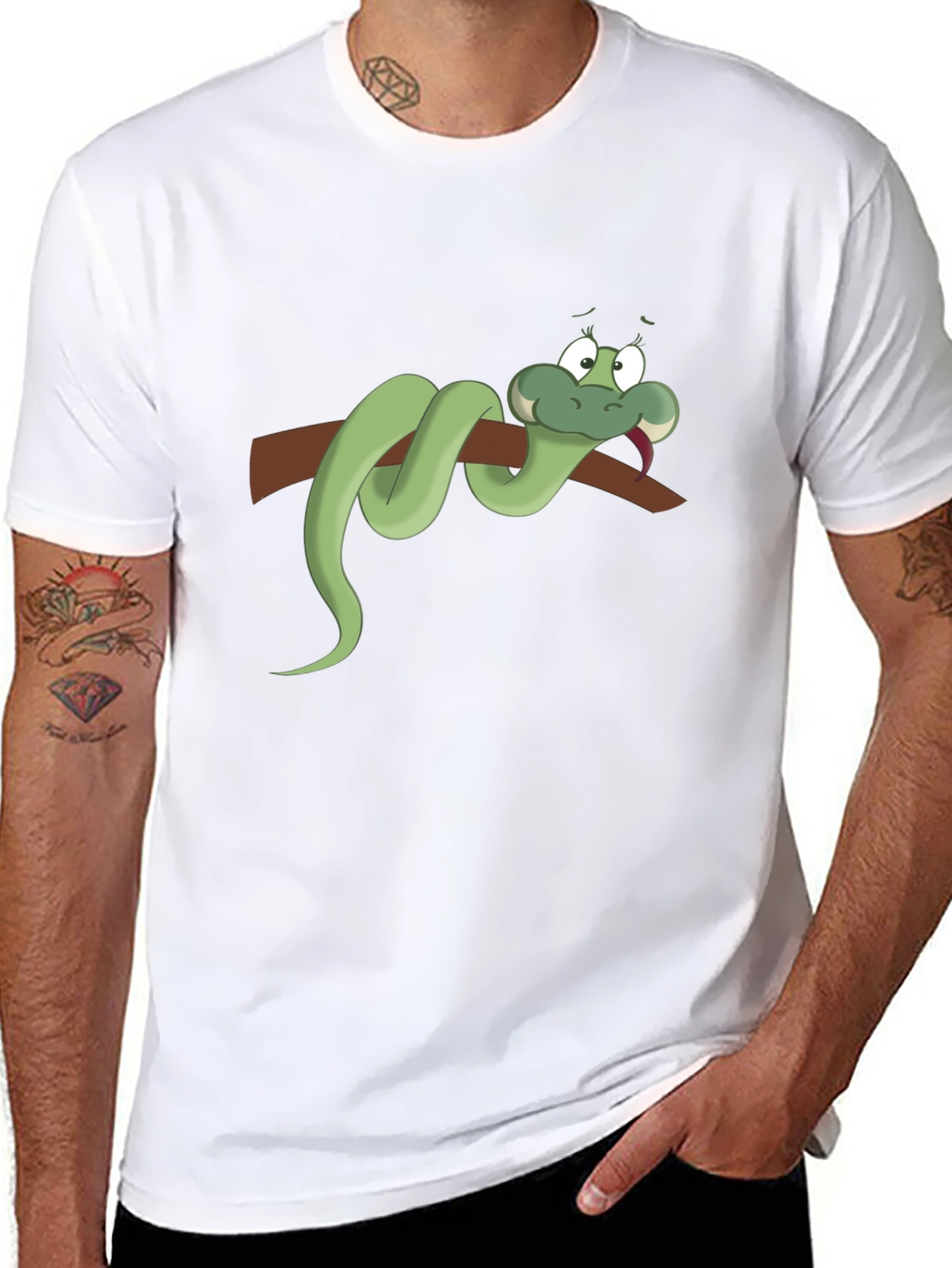Cartoon Snake on Branch Black T-Shirt
