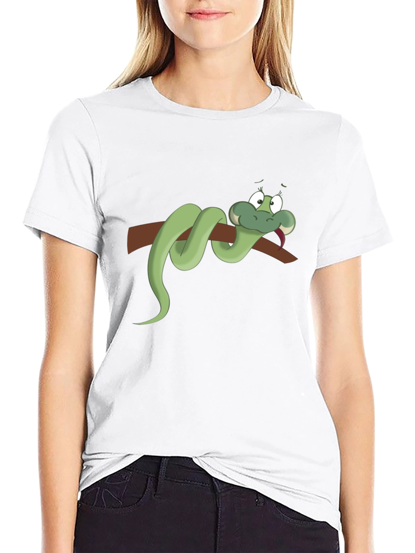 Cartoon Snake on Branch Black T-Shirt