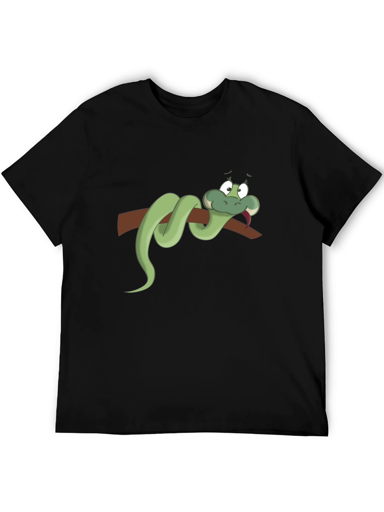 Cartoon Snake on Branch Black T-Shirt