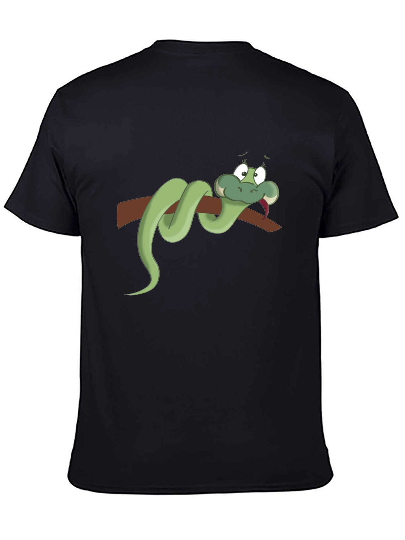 Cartoon Snake on Branch Black T-Shirt