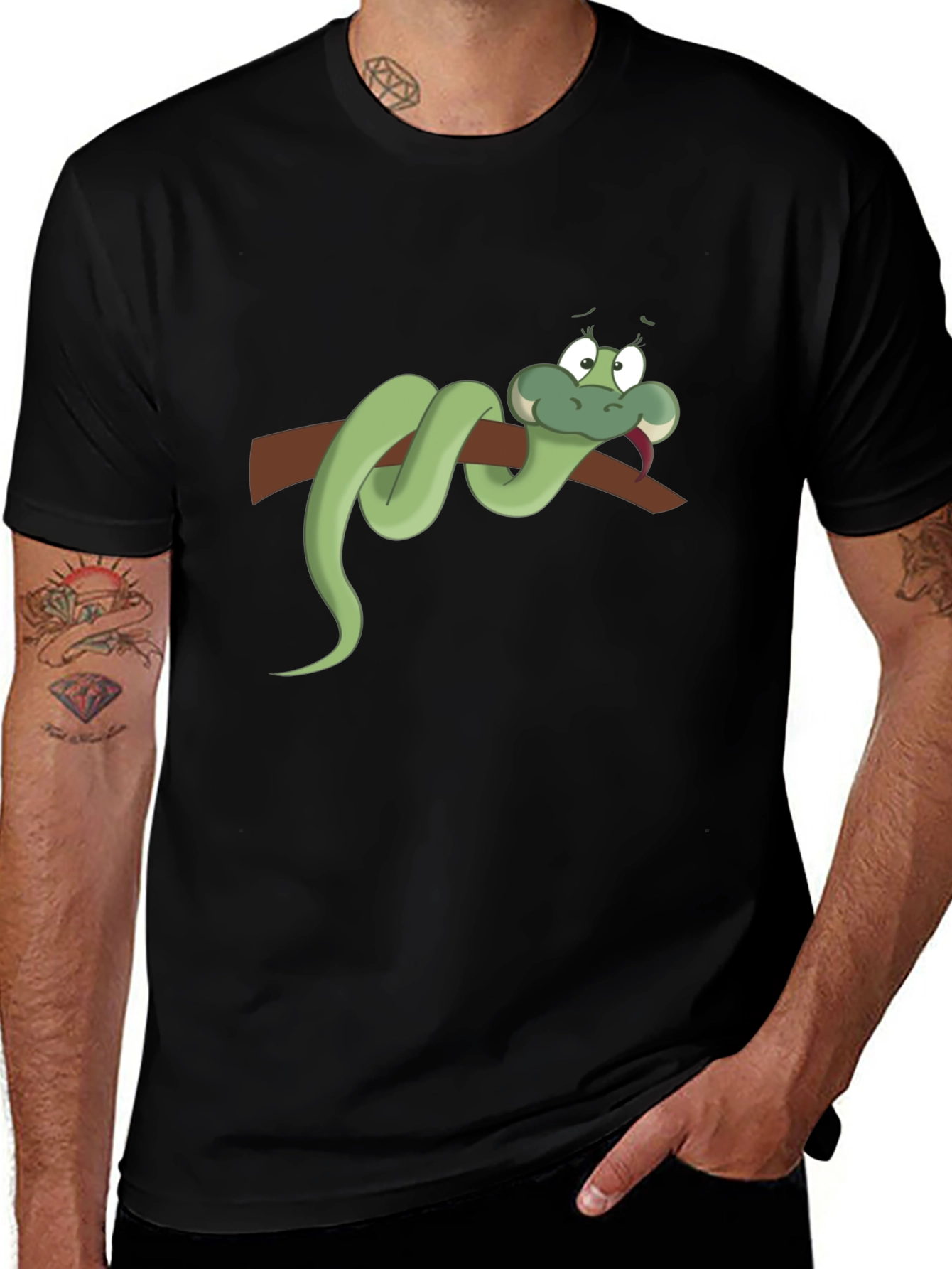 Cartoon Snake on Branch Black T-Shirt