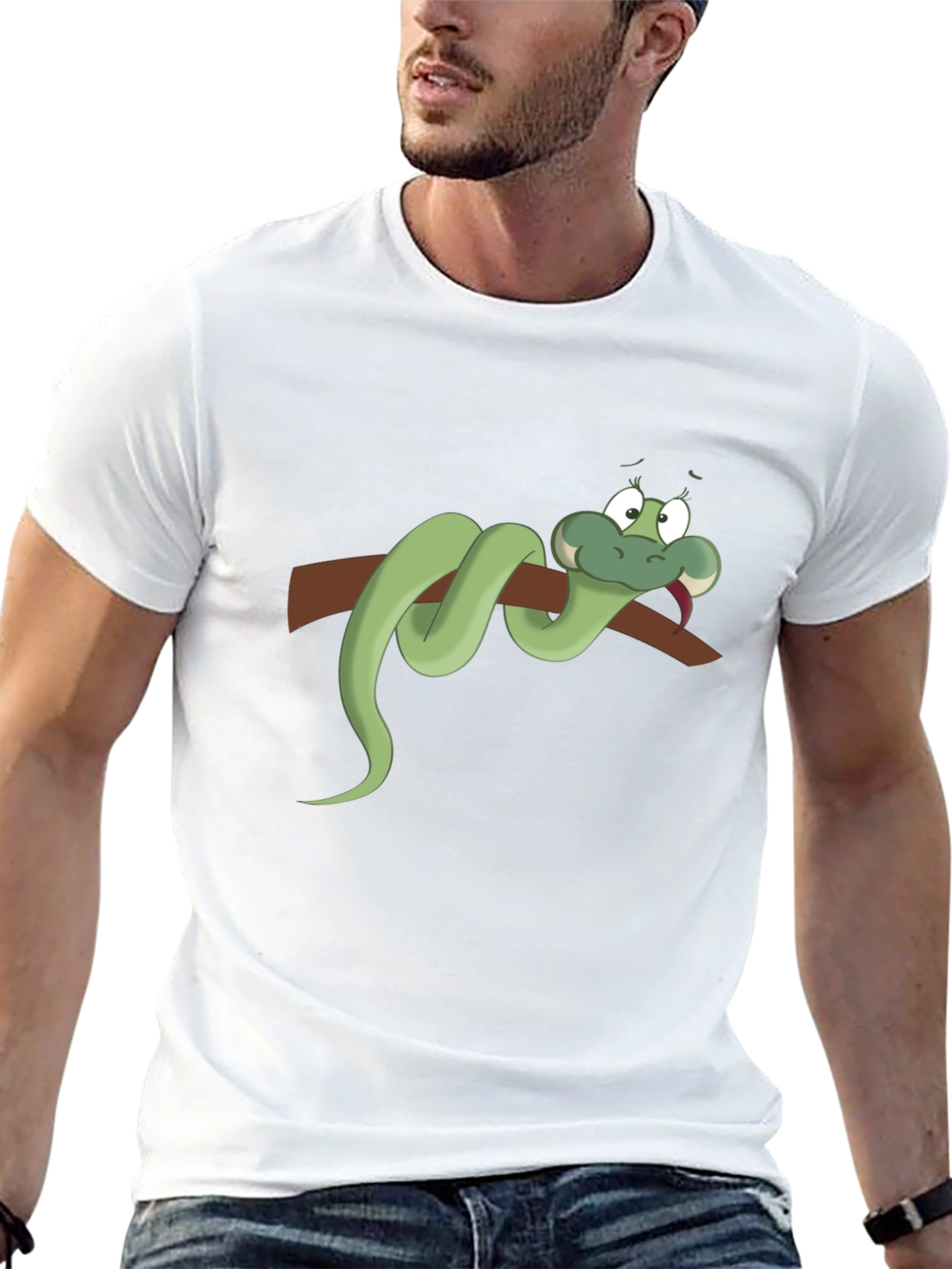 Cartoon Snake on Branch Black T-Shirt