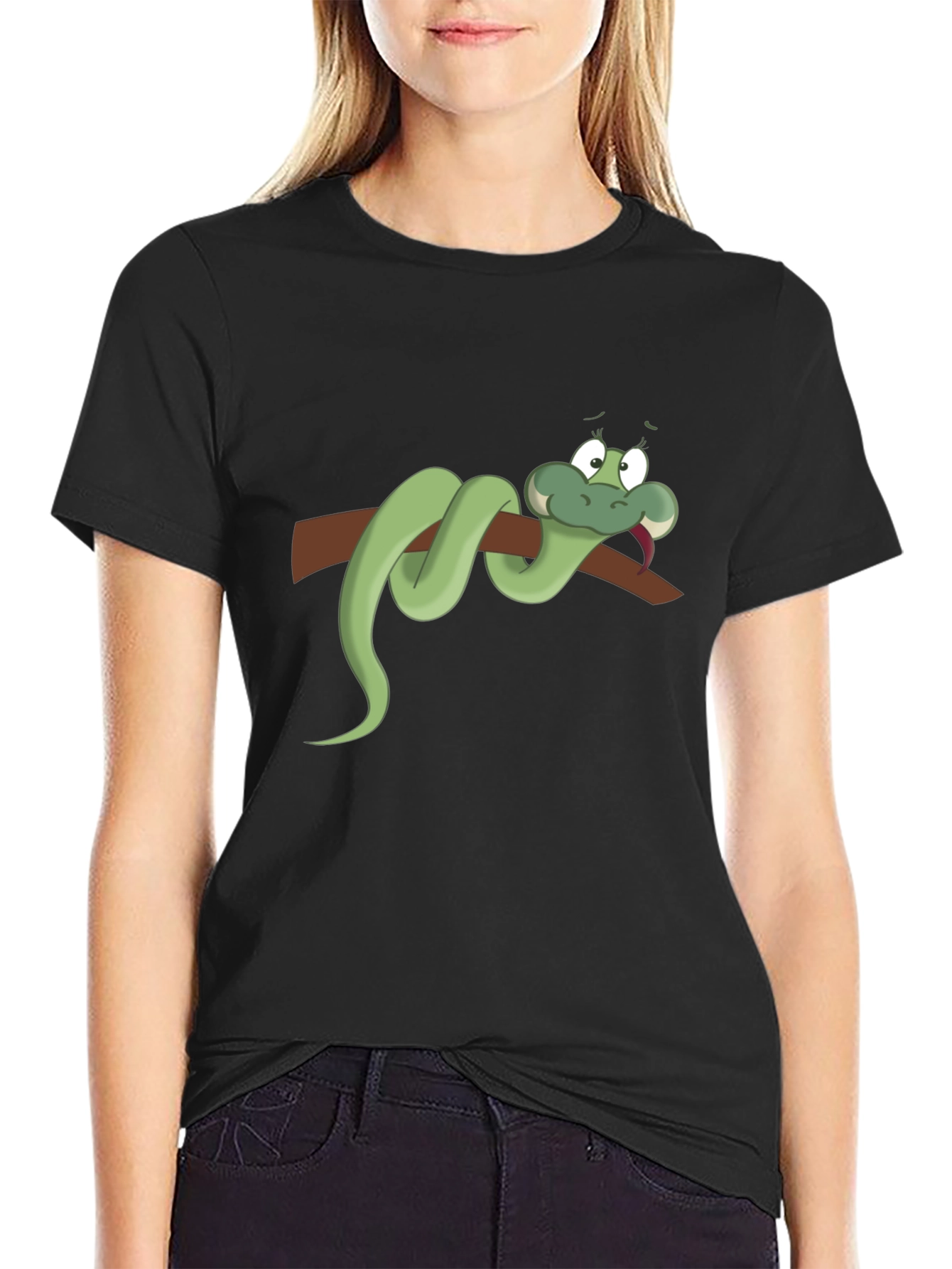 Cartoon Snake on Branch Black T-Shirt