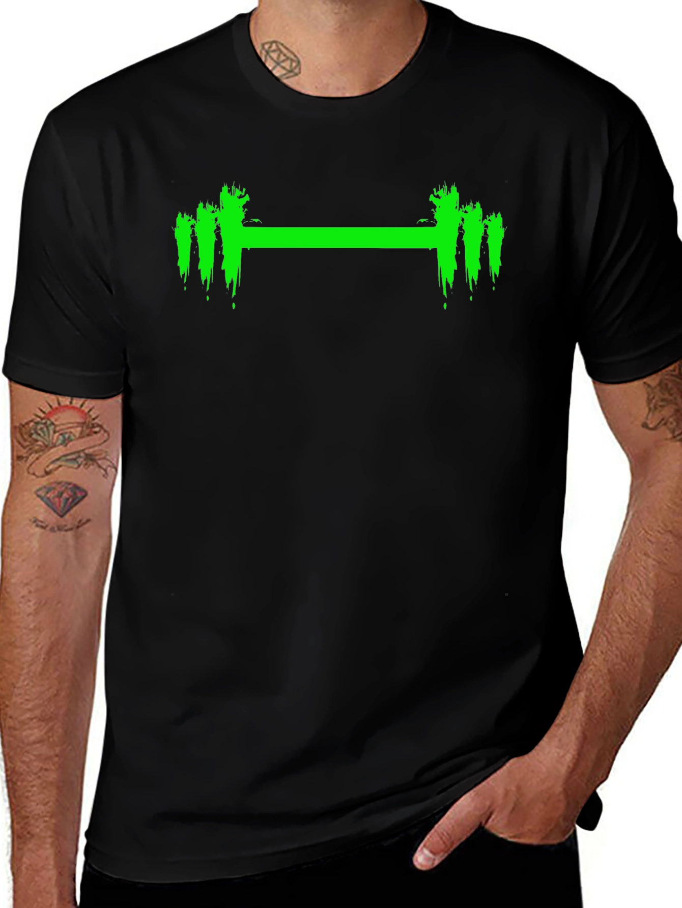 Mens Black T-Shirt with Green Weightlifting Barbell Design