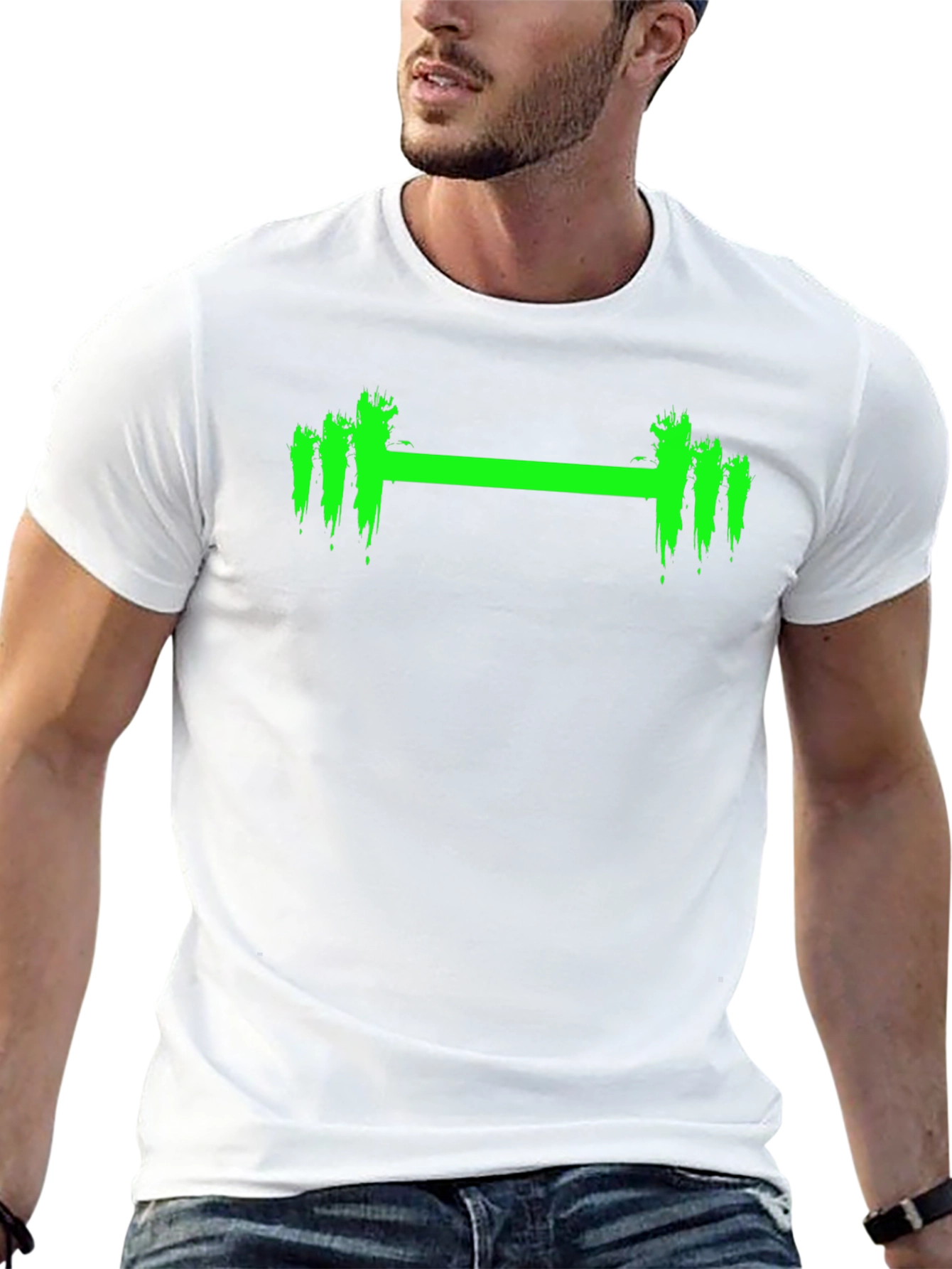 Mens Black T-Shirt with Green Weightlifting Barbell Design