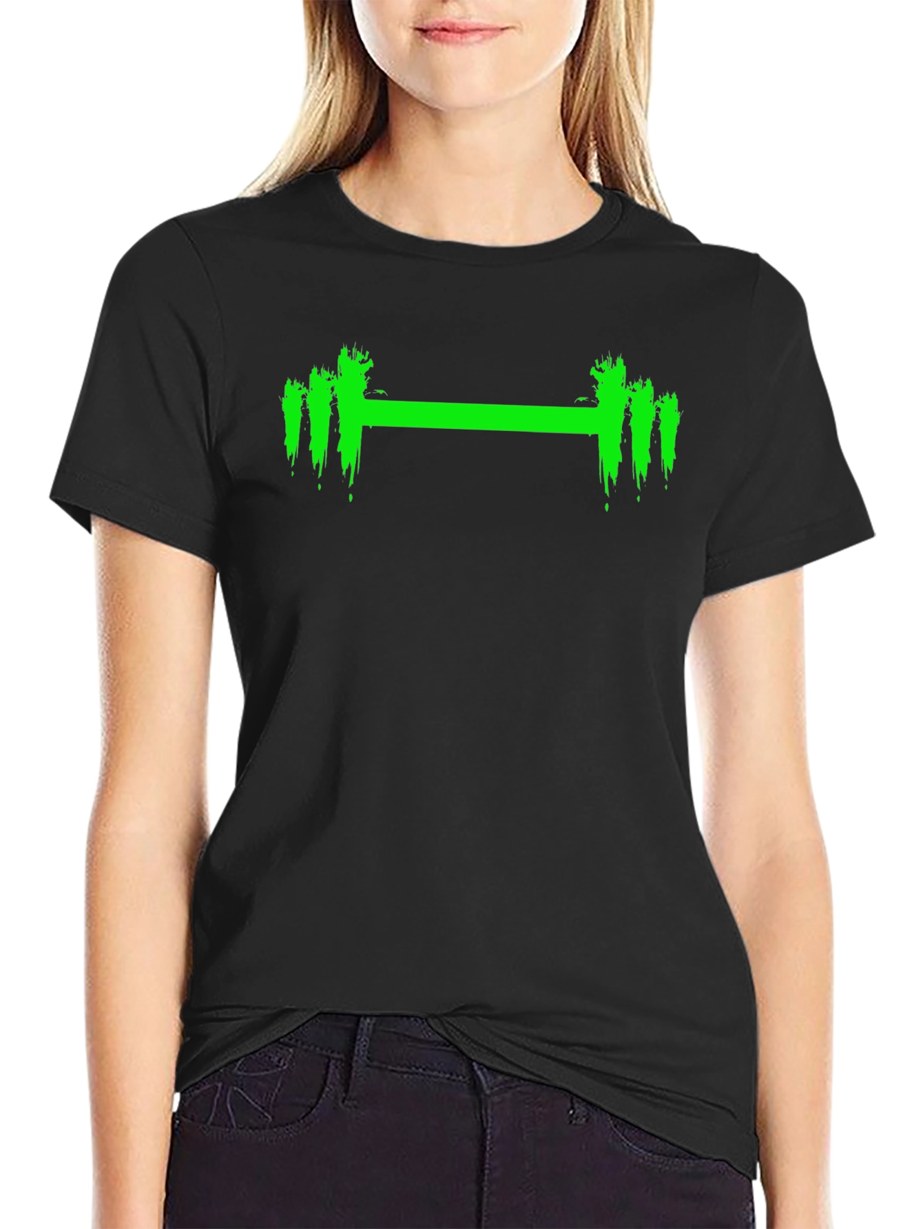 Mens Black T-Shirt with Green Weightlifting Barbell Design