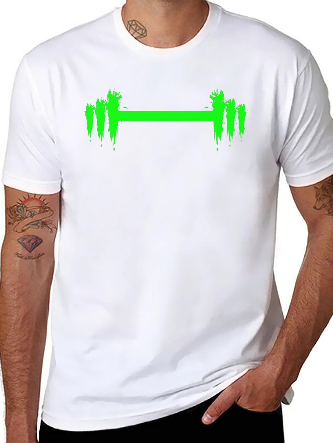 Mens Black T-Shirt with Green Weightlifting Barbell Design