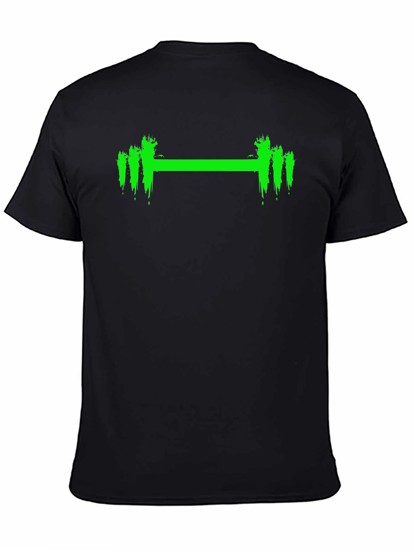 Mens Black T-Shirt with Green Weightlifting Barbell Design