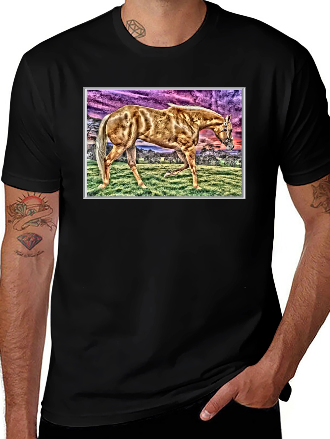 Horse Graphic Tee - Black Cotton Casual Shirt