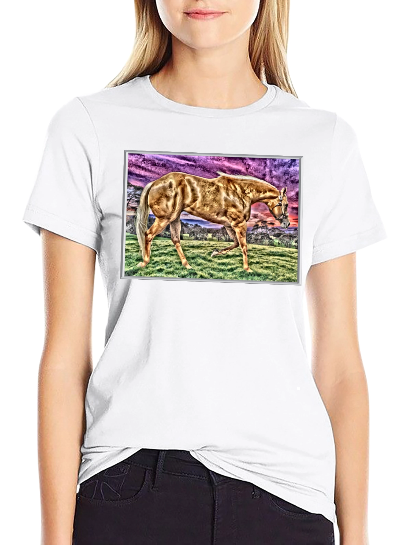Horse Graphic Tee - Black Cotton Casual Shirt